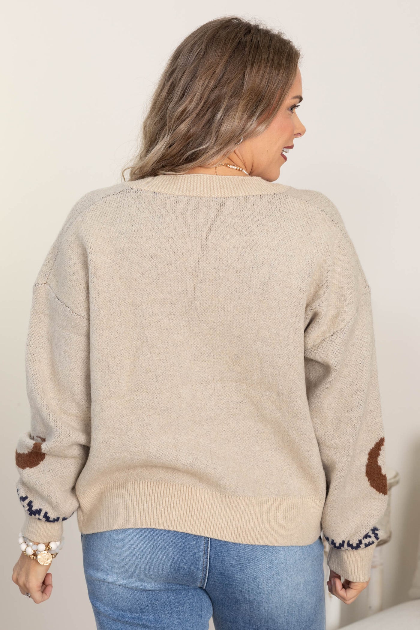 Beige Horse Intarsia Button Front Cardigan