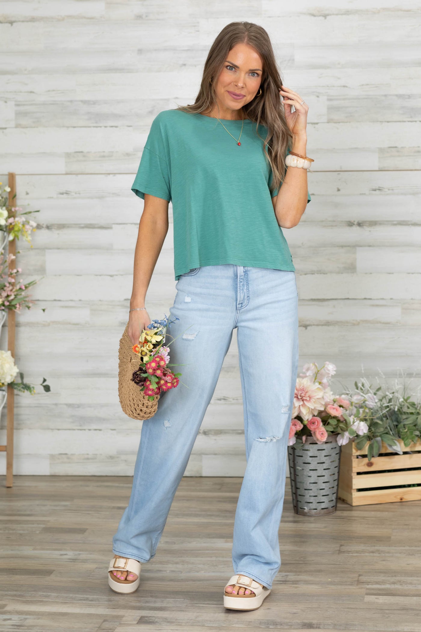 Hidden Light Wash Distressed Dad Jeans