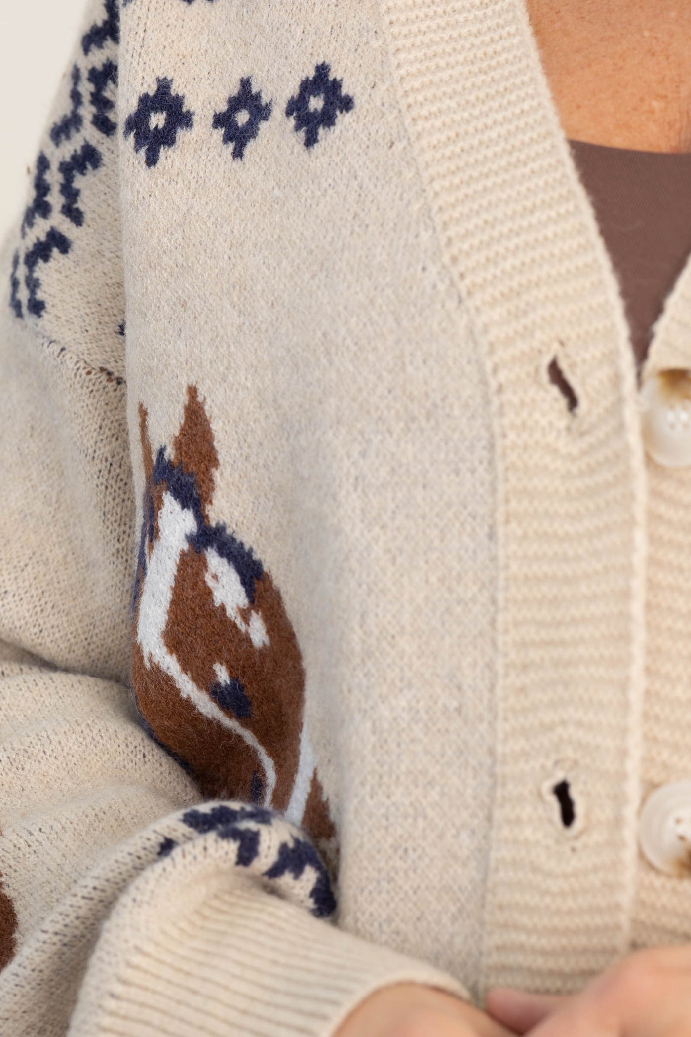 Beige Horse Intarsia Button Front Cardigan