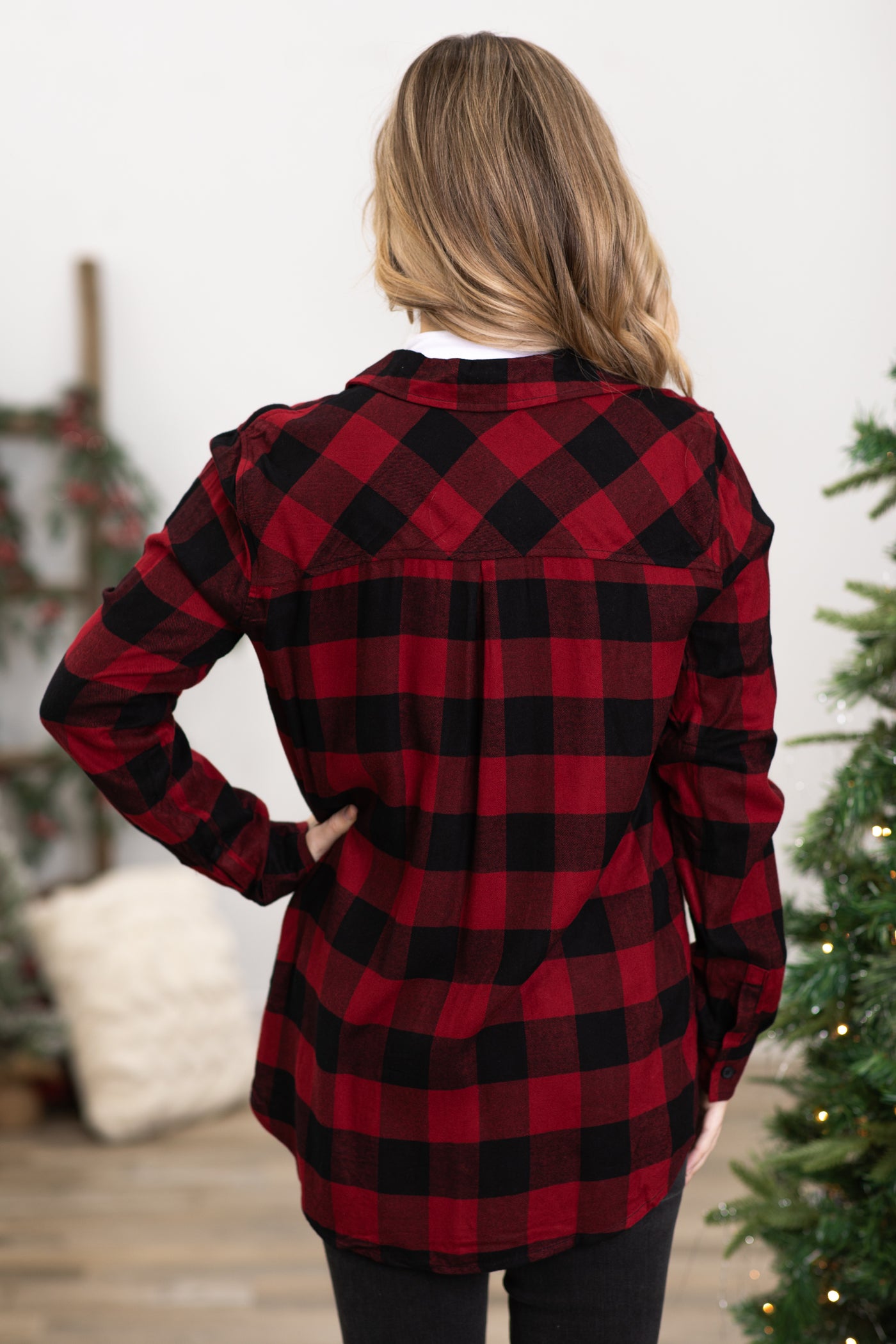 Black and Red Buffalo Plaid Button Up Top