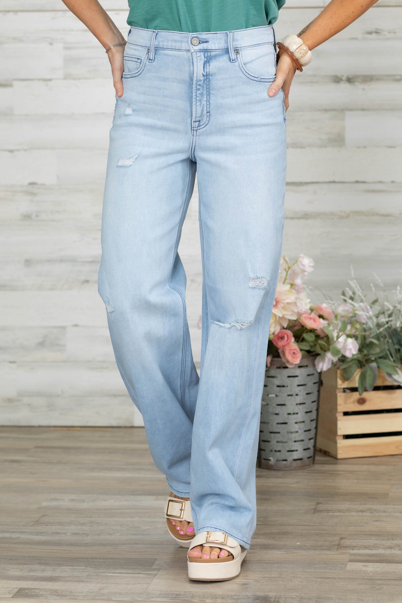 Hidden Light Wash Distressed Dad Jeans