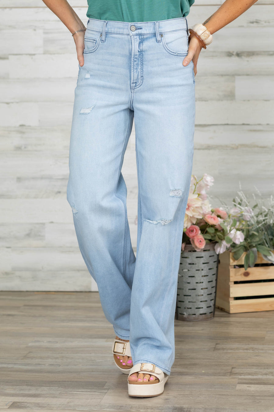 Hidden Light Wash Distressed Dad Jeans