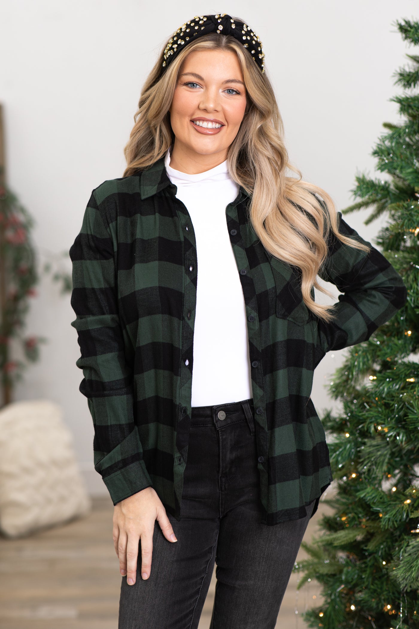 Green and Black Buffalo Plaid Button Up Top