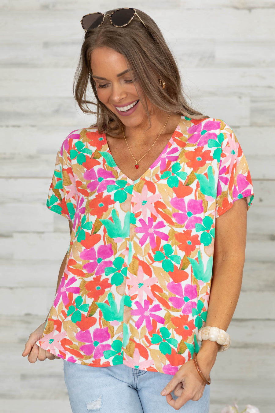 Coral And Pink V-Neck Floral Woven Top