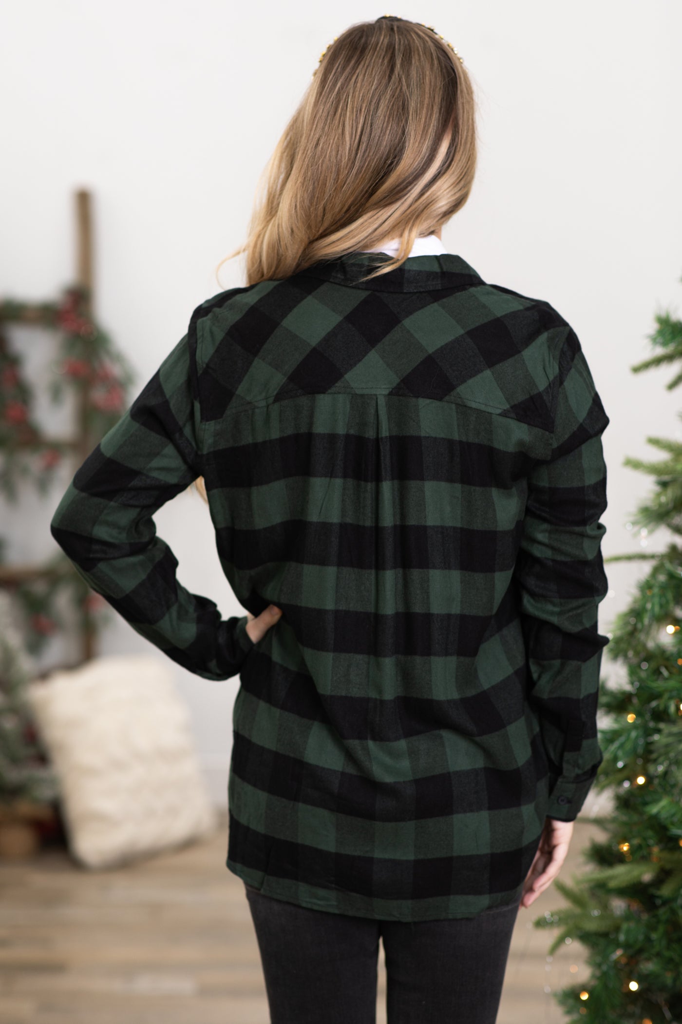 Green and Black Buffalo Plaid Button Up Top
