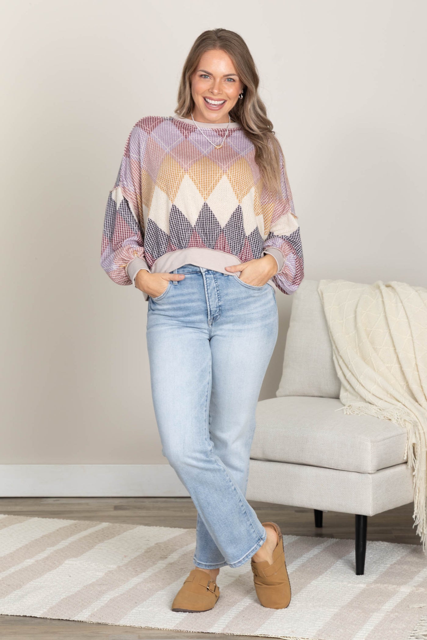 Light Mocha Argyle Print Long Sleeve Knit Top