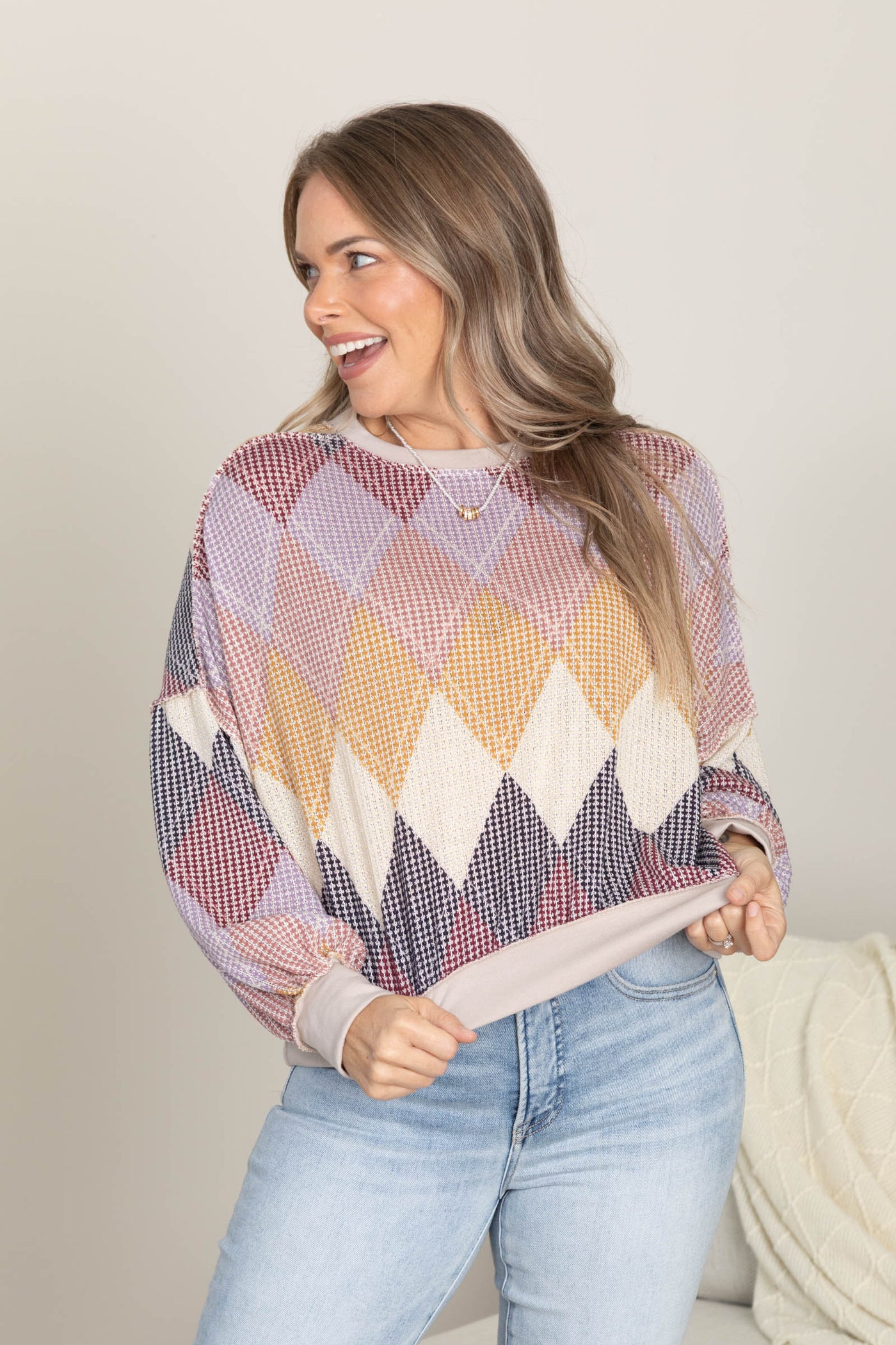 Light Mocha Argyle Print Long Sleeve Knit Top