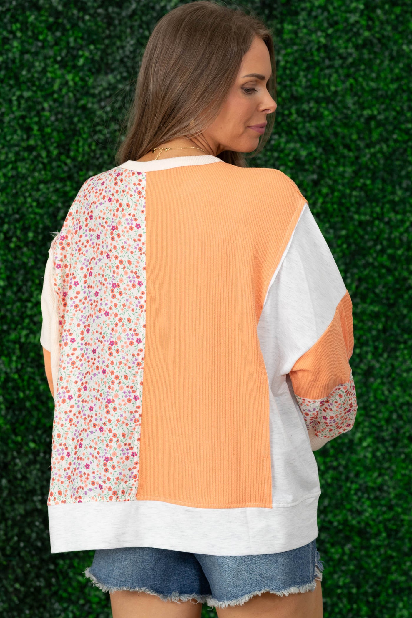 Peach And Orange Floral Patchwork Knit Top