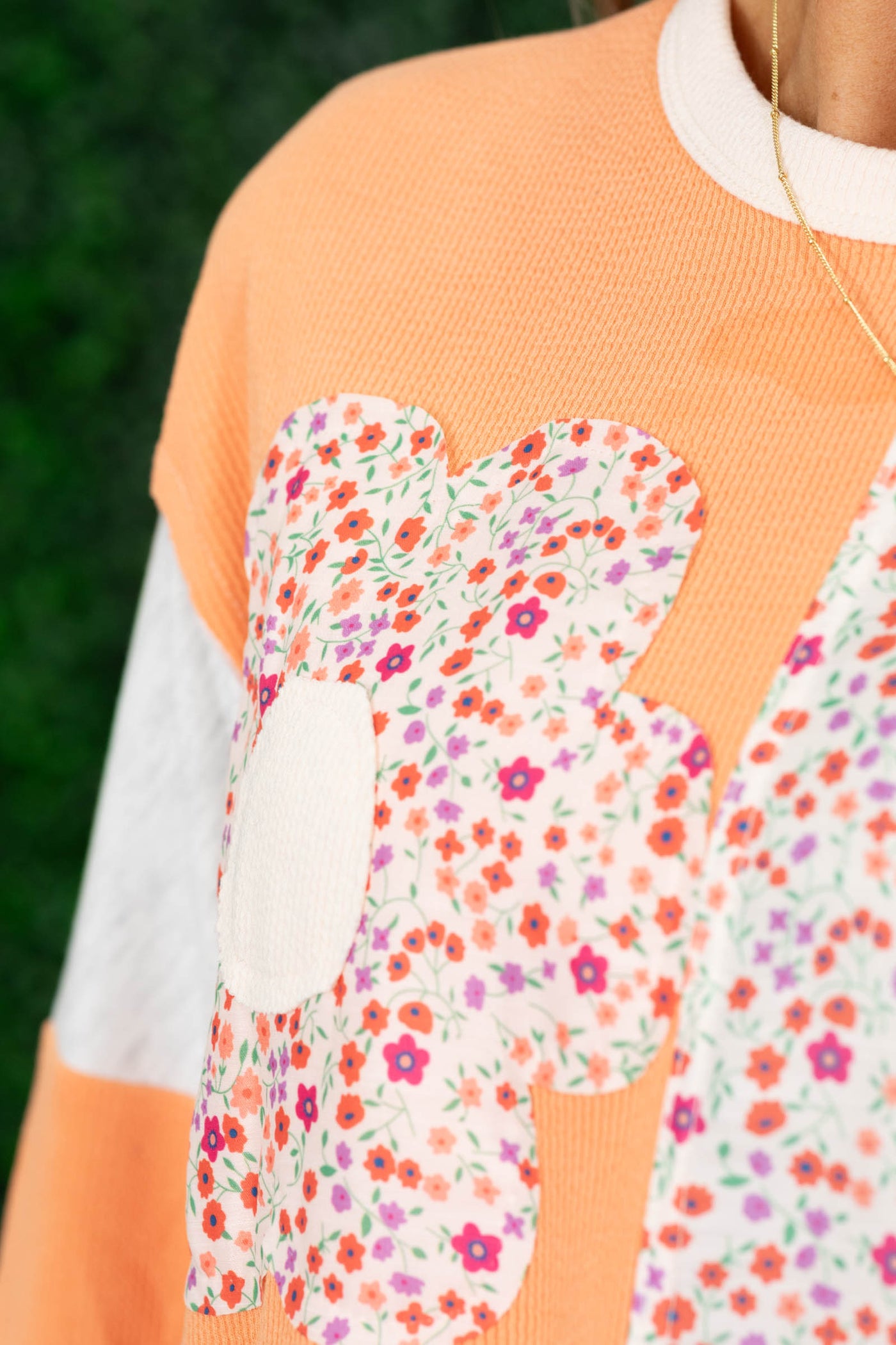 Peach And Orange Floral Patchwork Knit Top