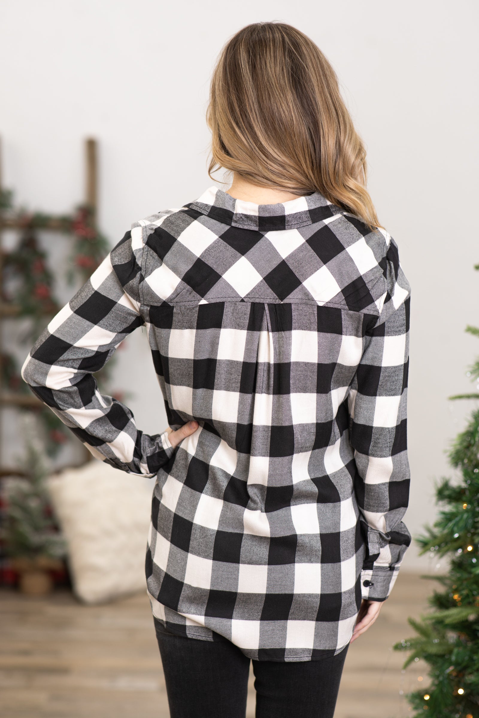 White and Charcoal Buffalo Plaid Button Up Top