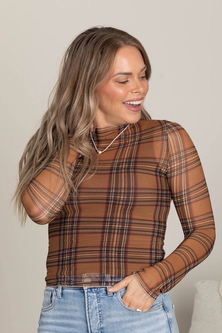 Camel Plaid Semi Sheer Mesh Knit Top