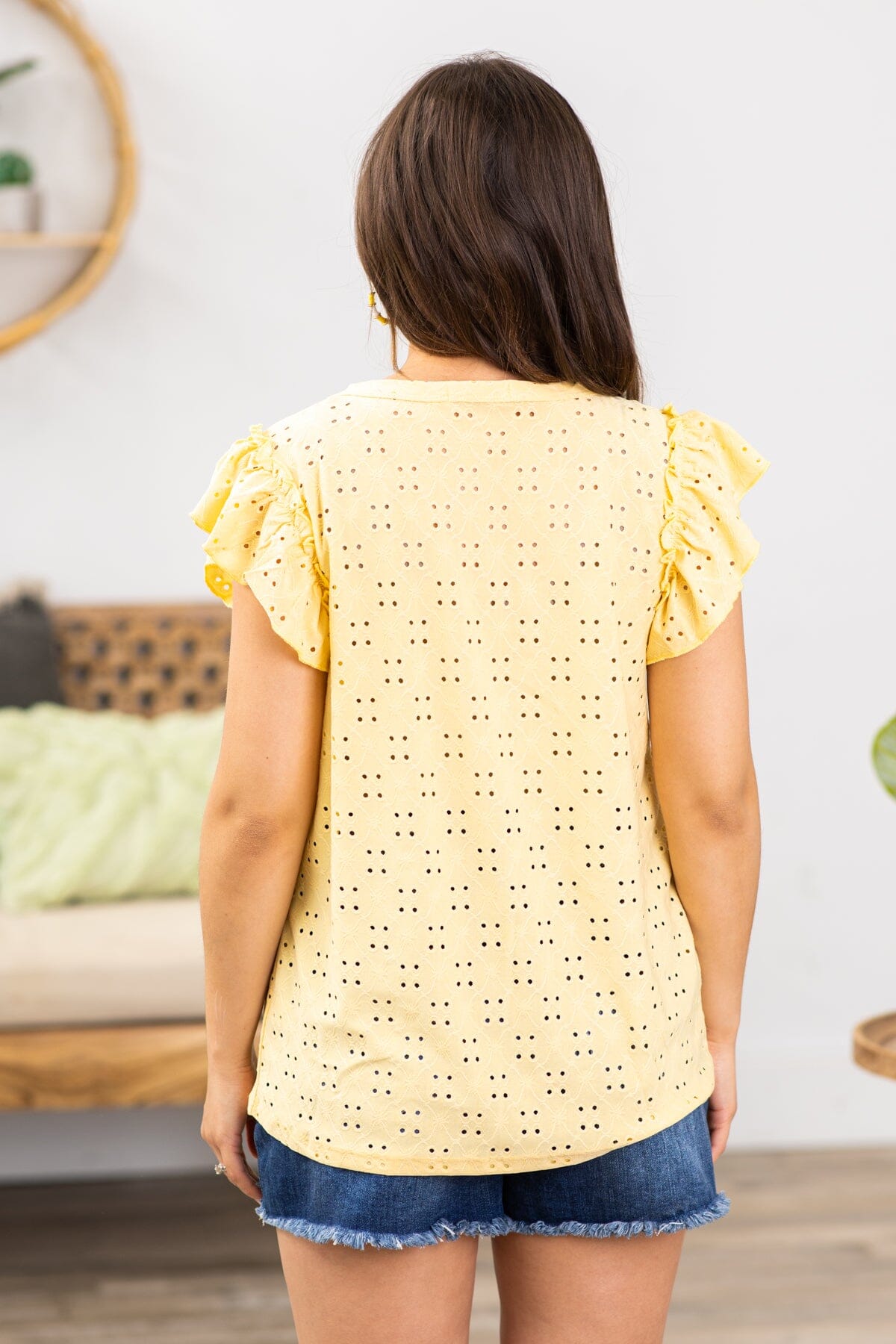 Pastel Yellow Flutter Sleeve Knit Eyelet Top - Filly Flair