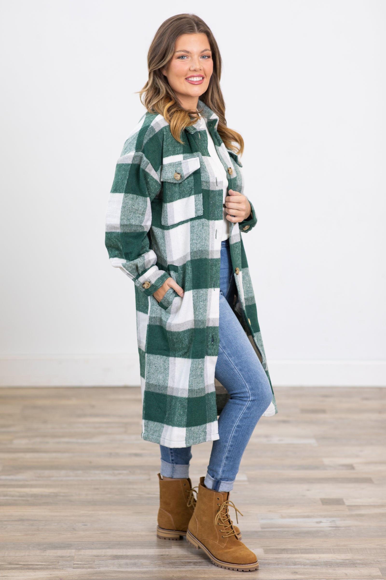 Hunter Green and Off White Long Plaid Shacket
