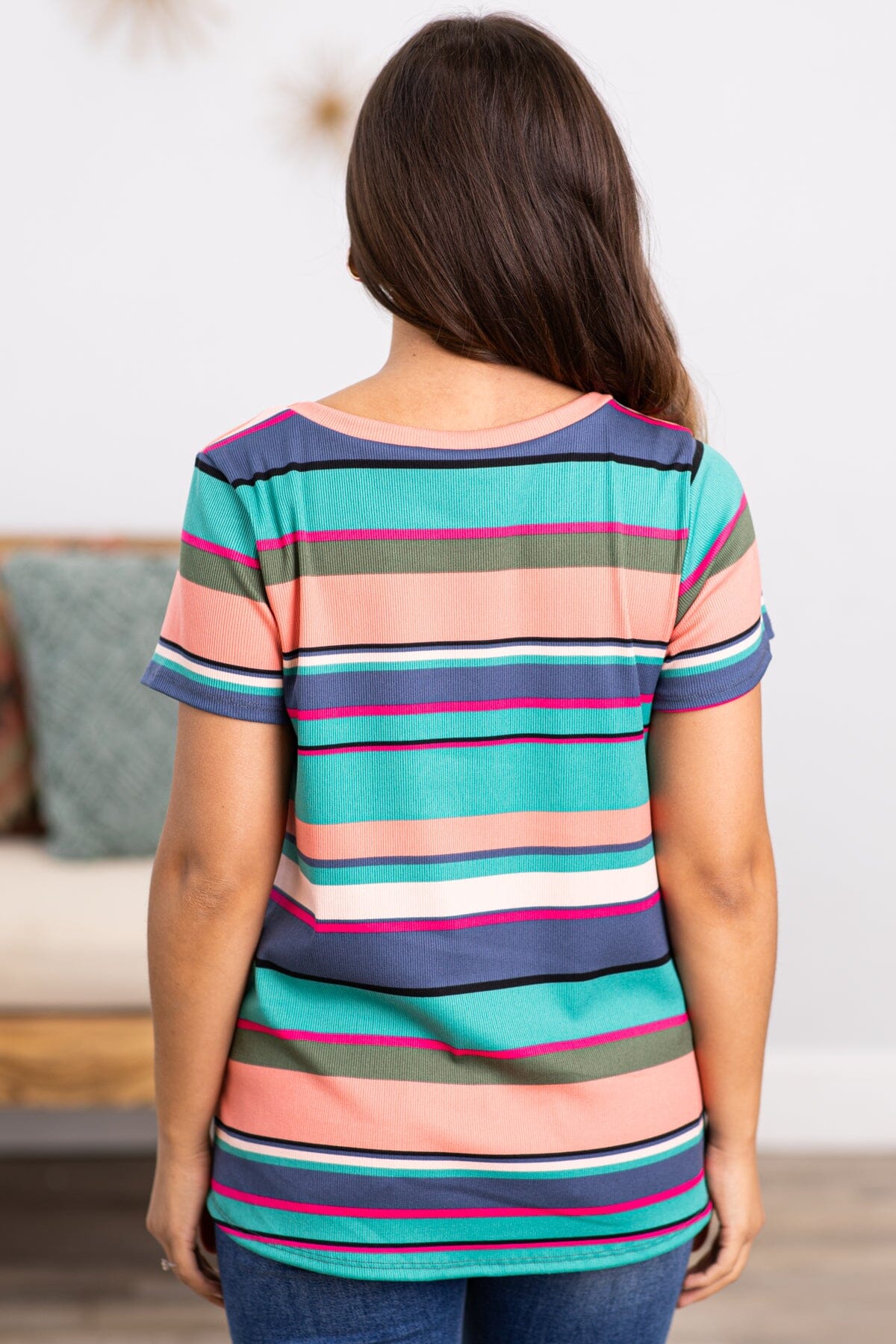 Teal Multicolor Stripe Short Sleeve Top - Filly Flair