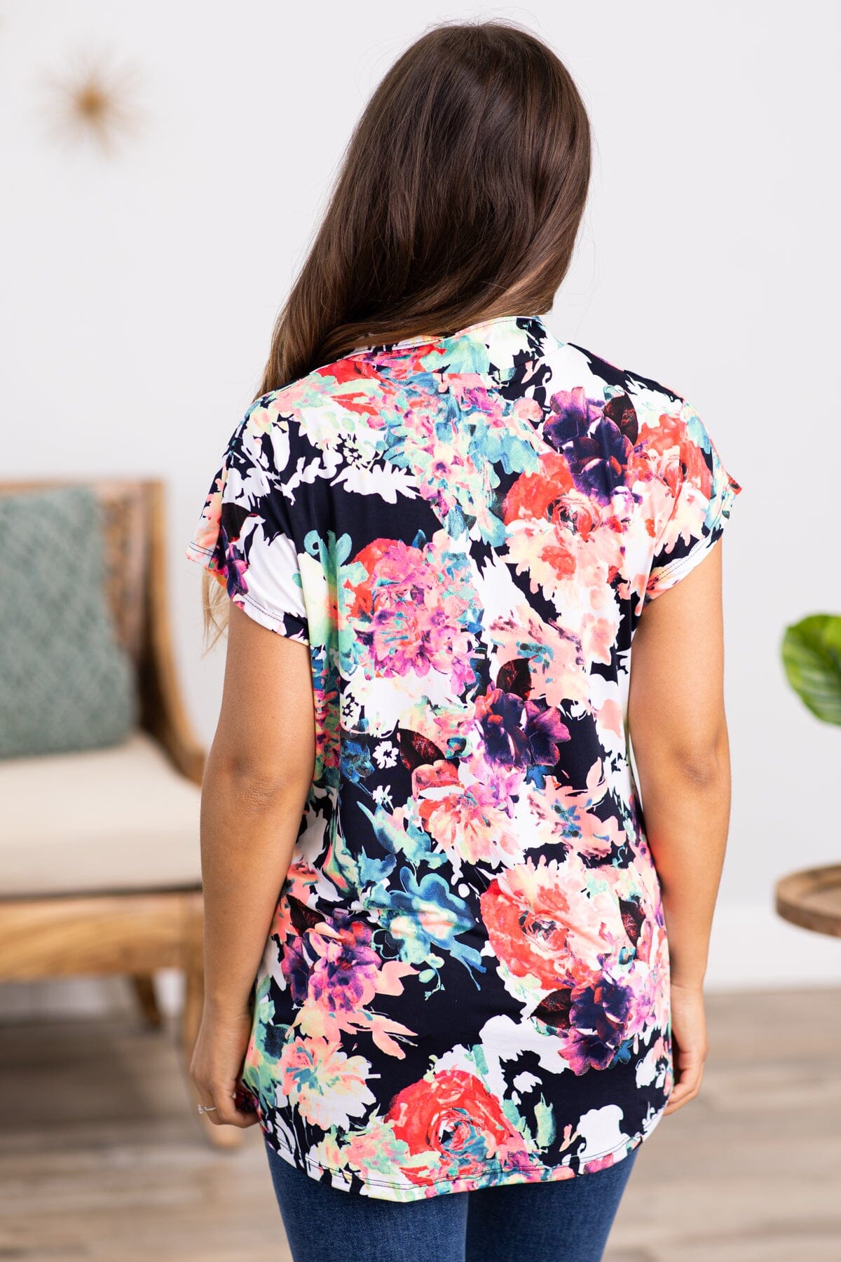 Navy Multicolor Floral Notch Neck Top - Filly Flair