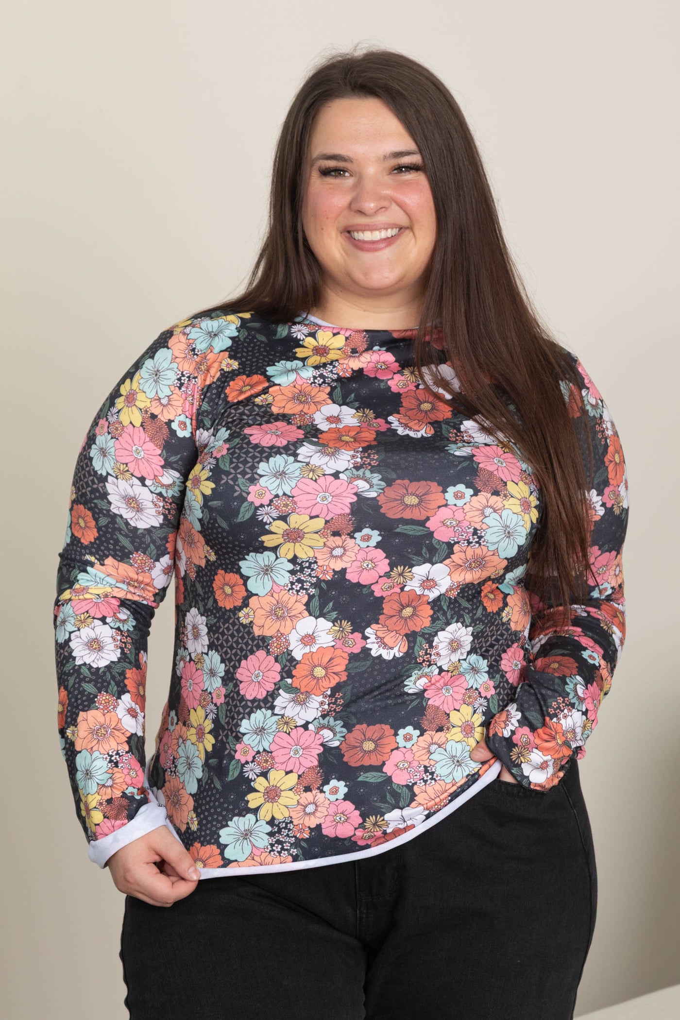 Black Mock Neck Floral Knit Top