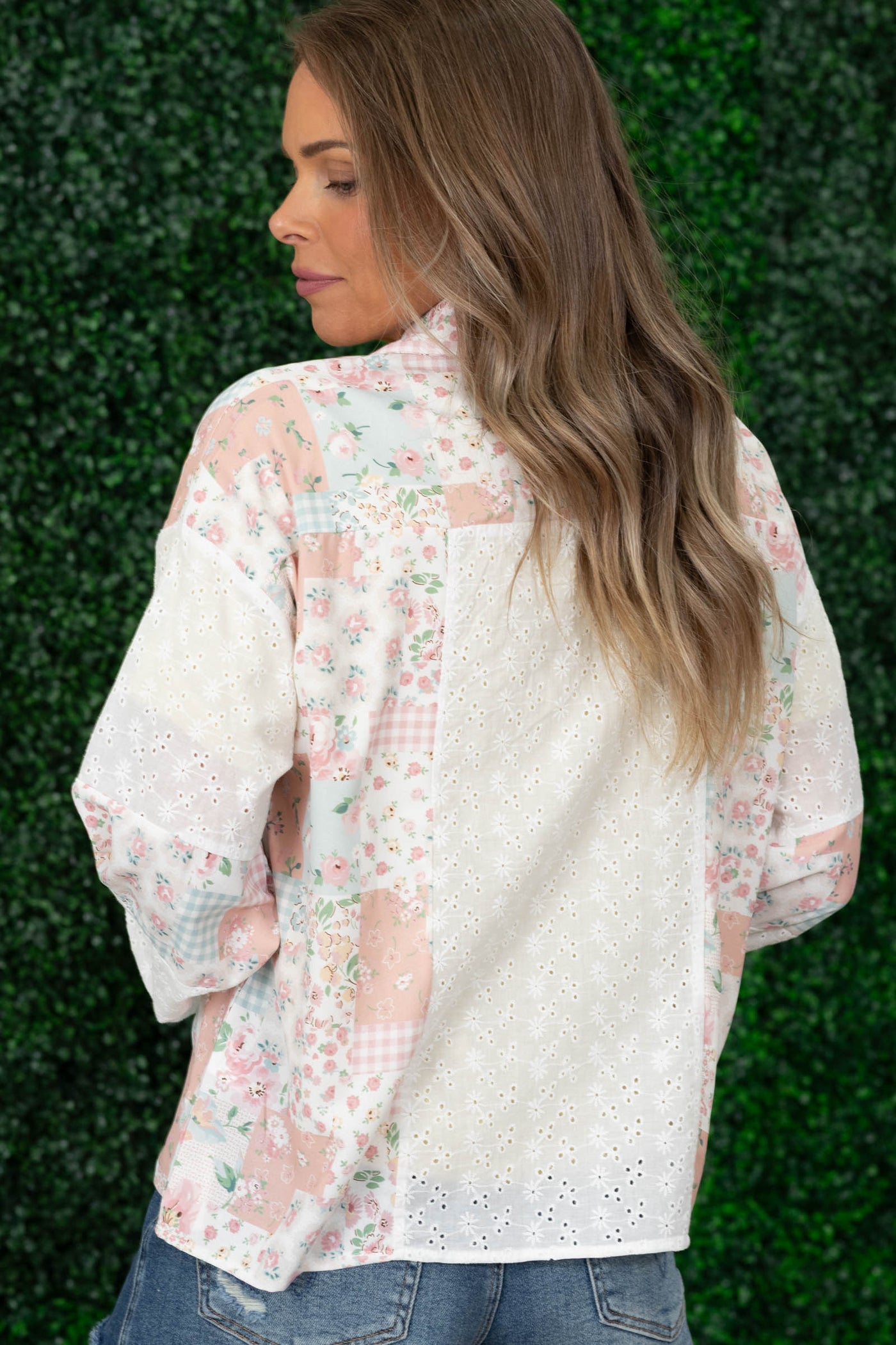 Dark Blush Patchwork Eyelet Contrast Button Up Top