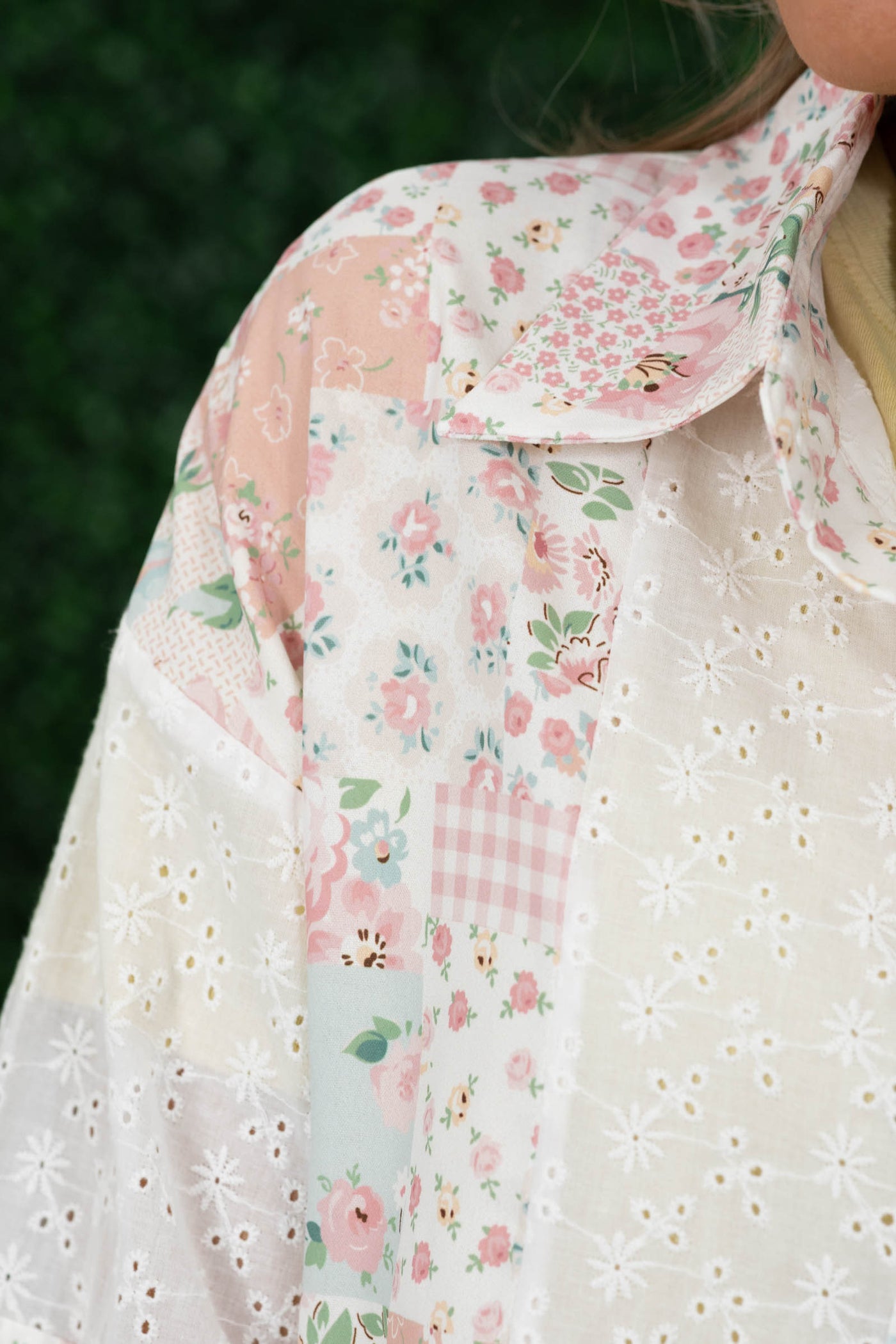 Dark Blush Patchwork Eyelet Contrast Button Up Top