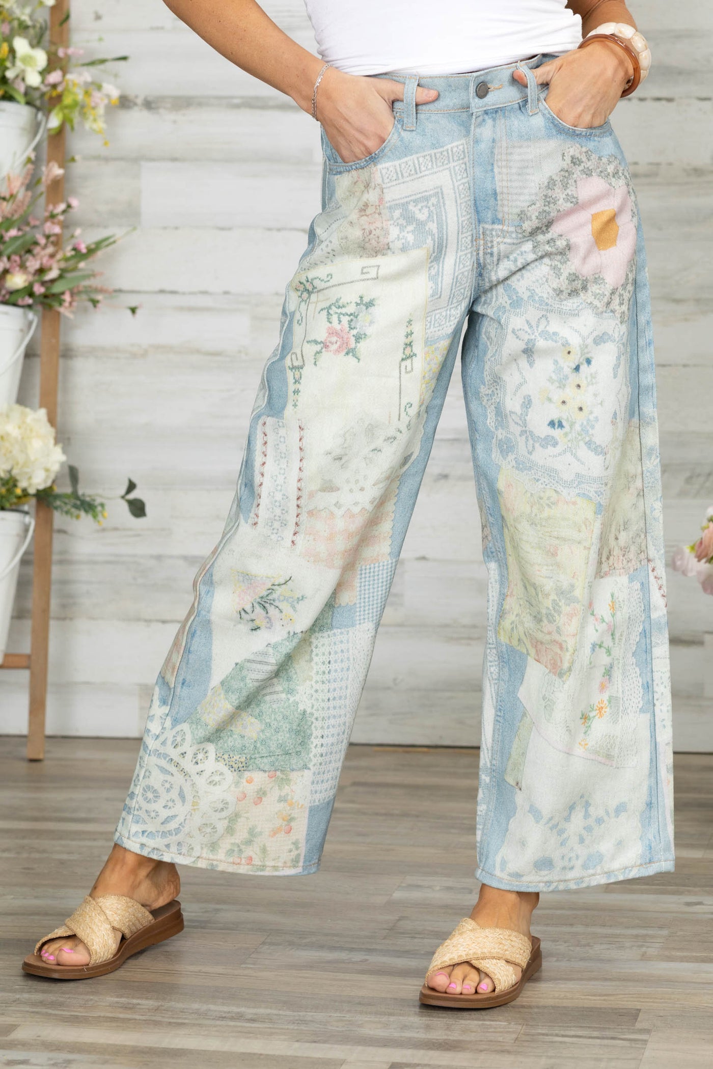 Light Denim Printed Patchwork Jeans