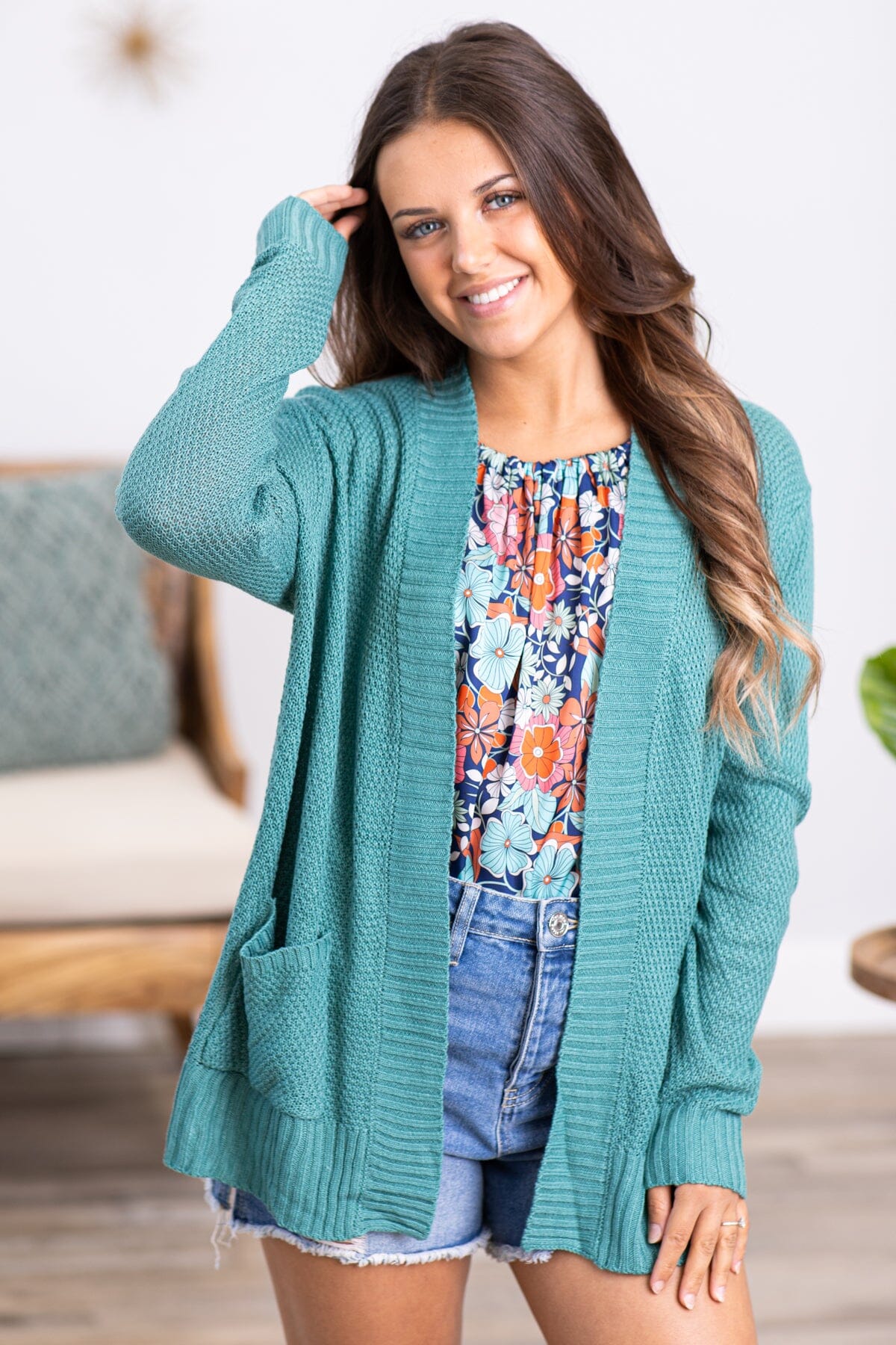 Turquoise Waffle Knit Cardigan With Rib Trim - Filly Flair