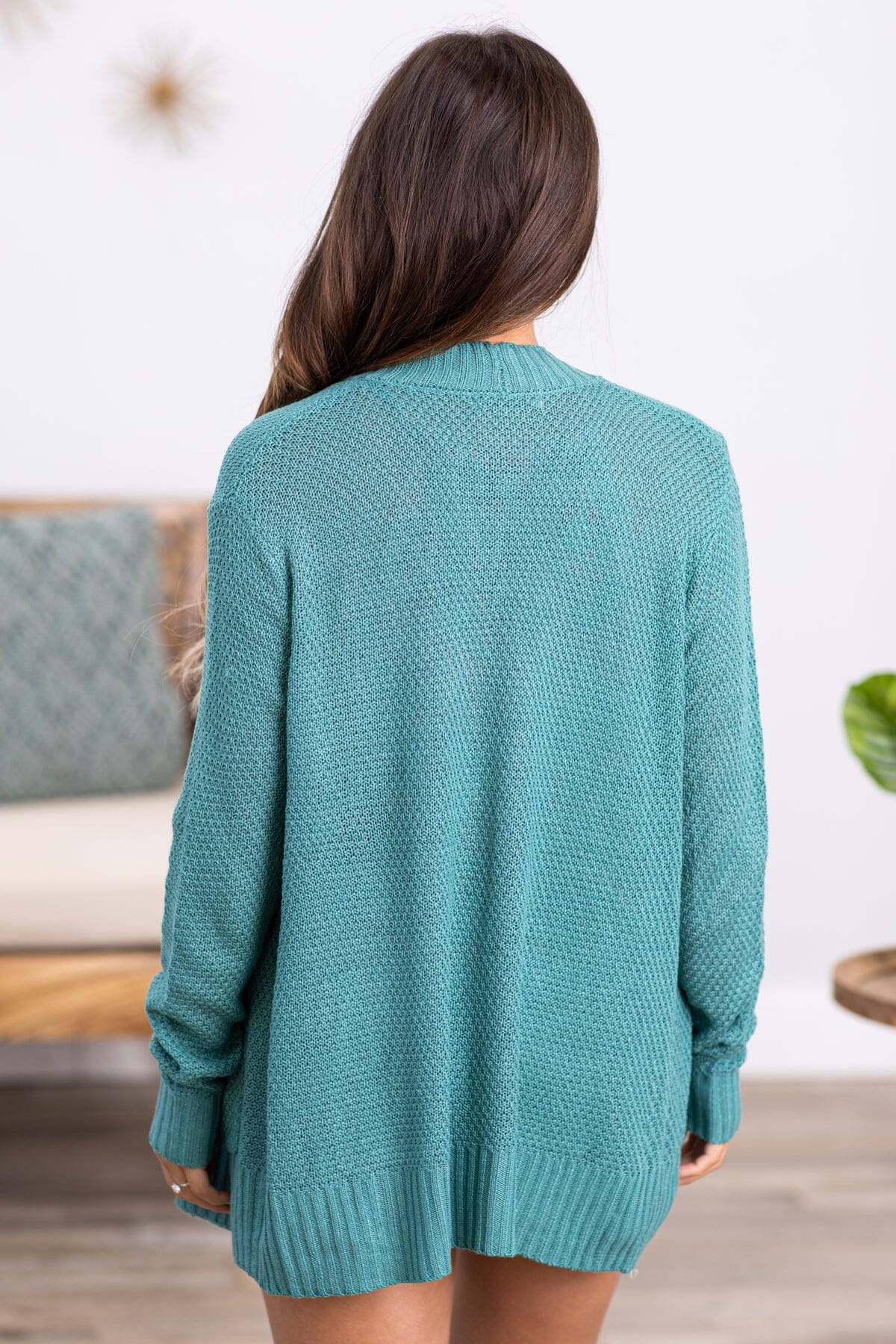Turquoise Waffle Knit Cardigan With Rib Trim - Filly Flair