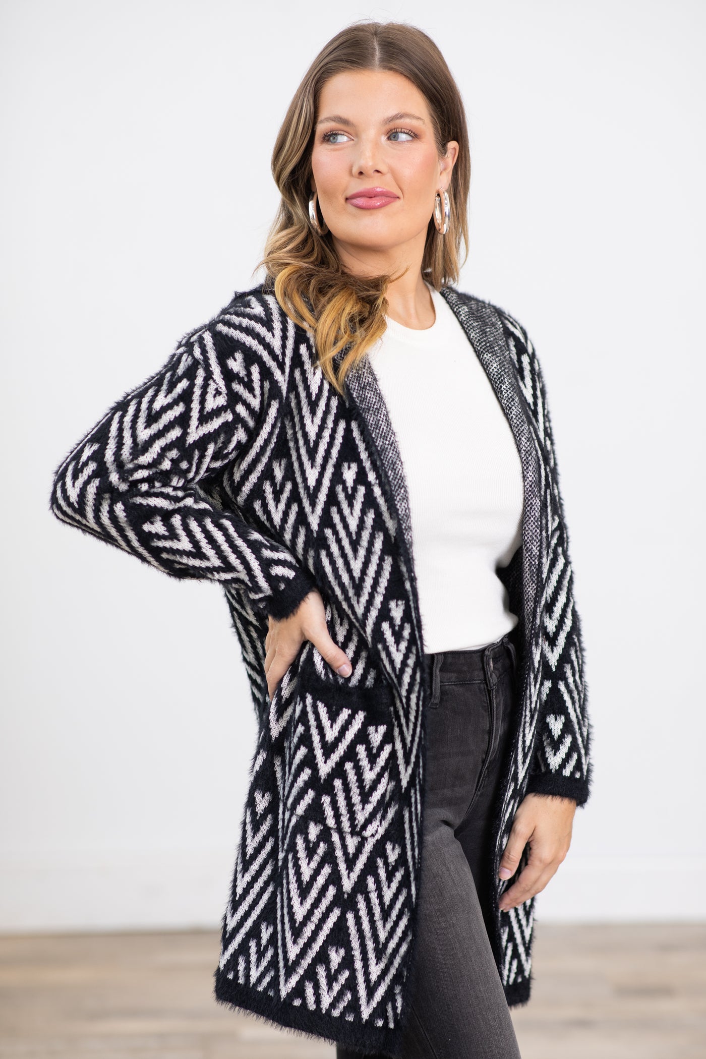 Black and White Aztec Print Hooded Cardigan