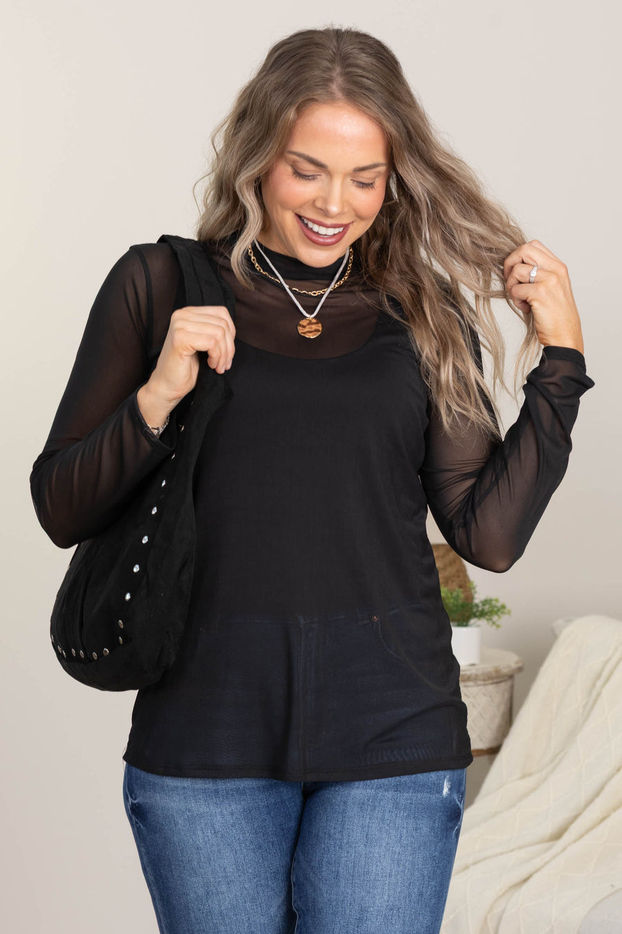 Solid Mock Neck Long Sleeve Mesh Knit Tops