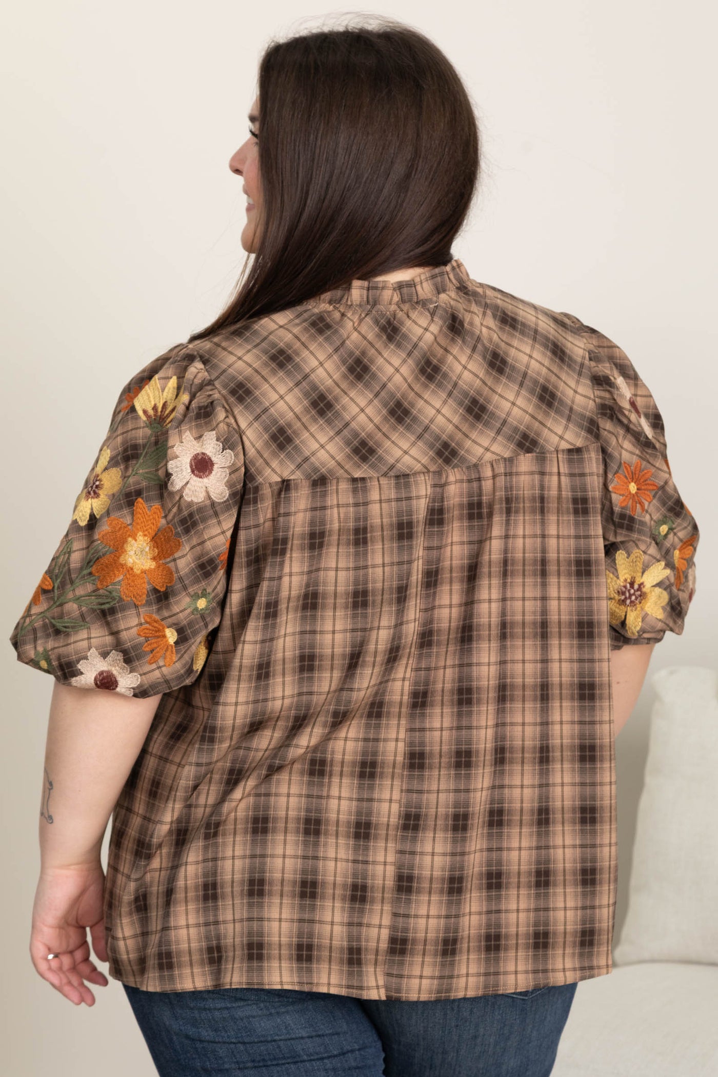 Brown Plaid Puff Short Sleeve Floral Woven Top