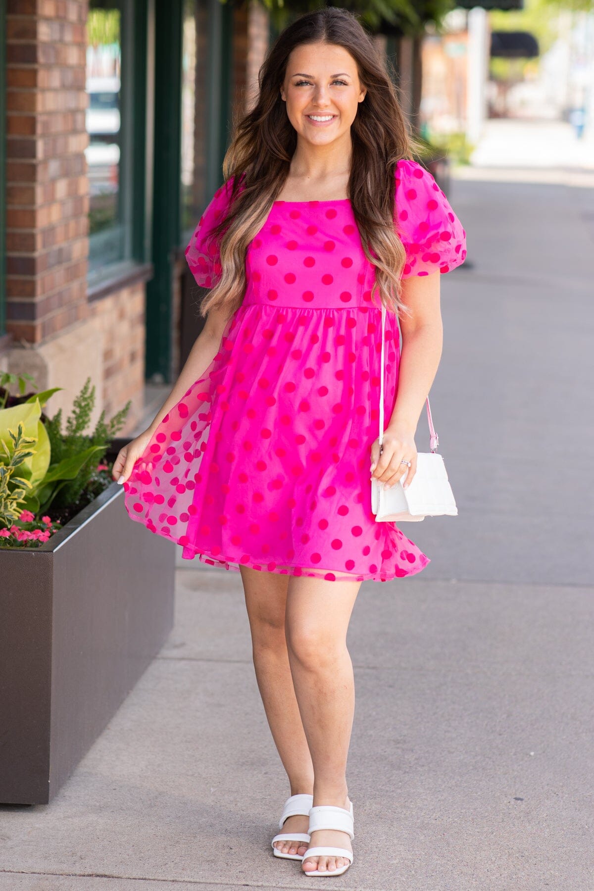 Fuchsia Tonal Dot Print Babydoll Dress - Filly Flair