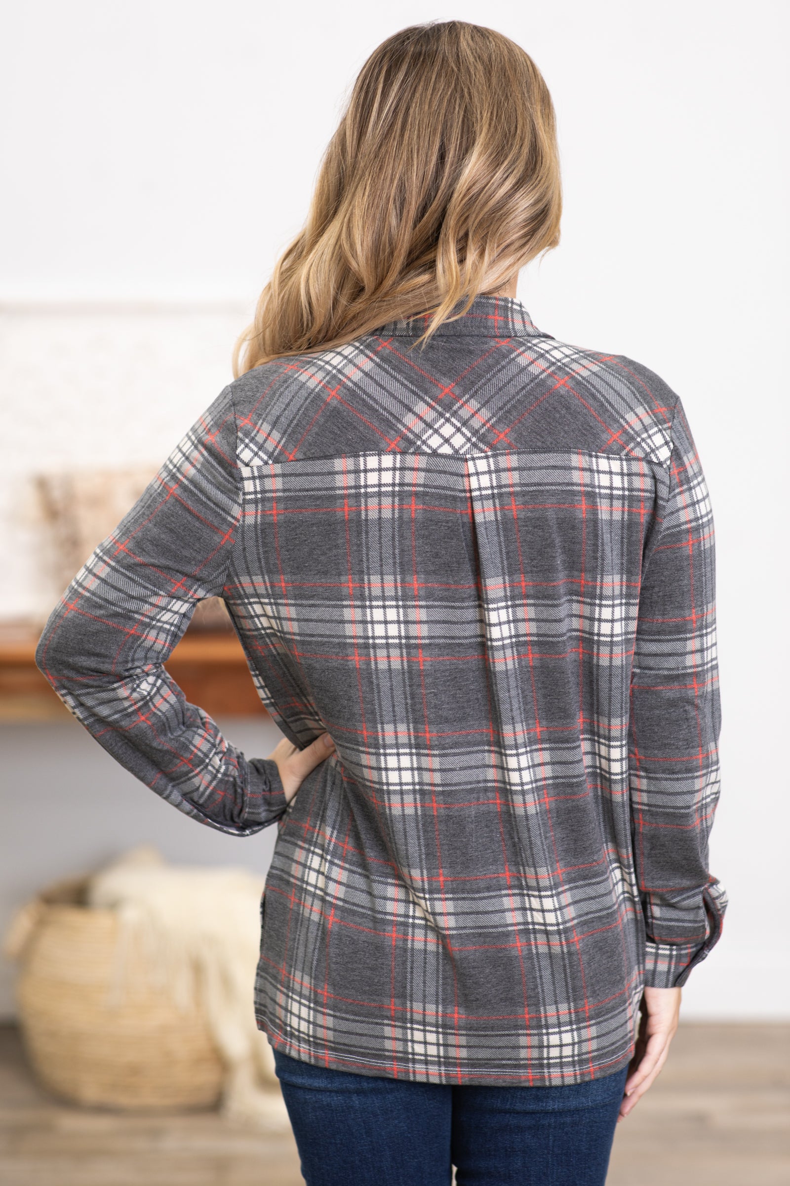 Charcoal and Red Plaid Button Up Top