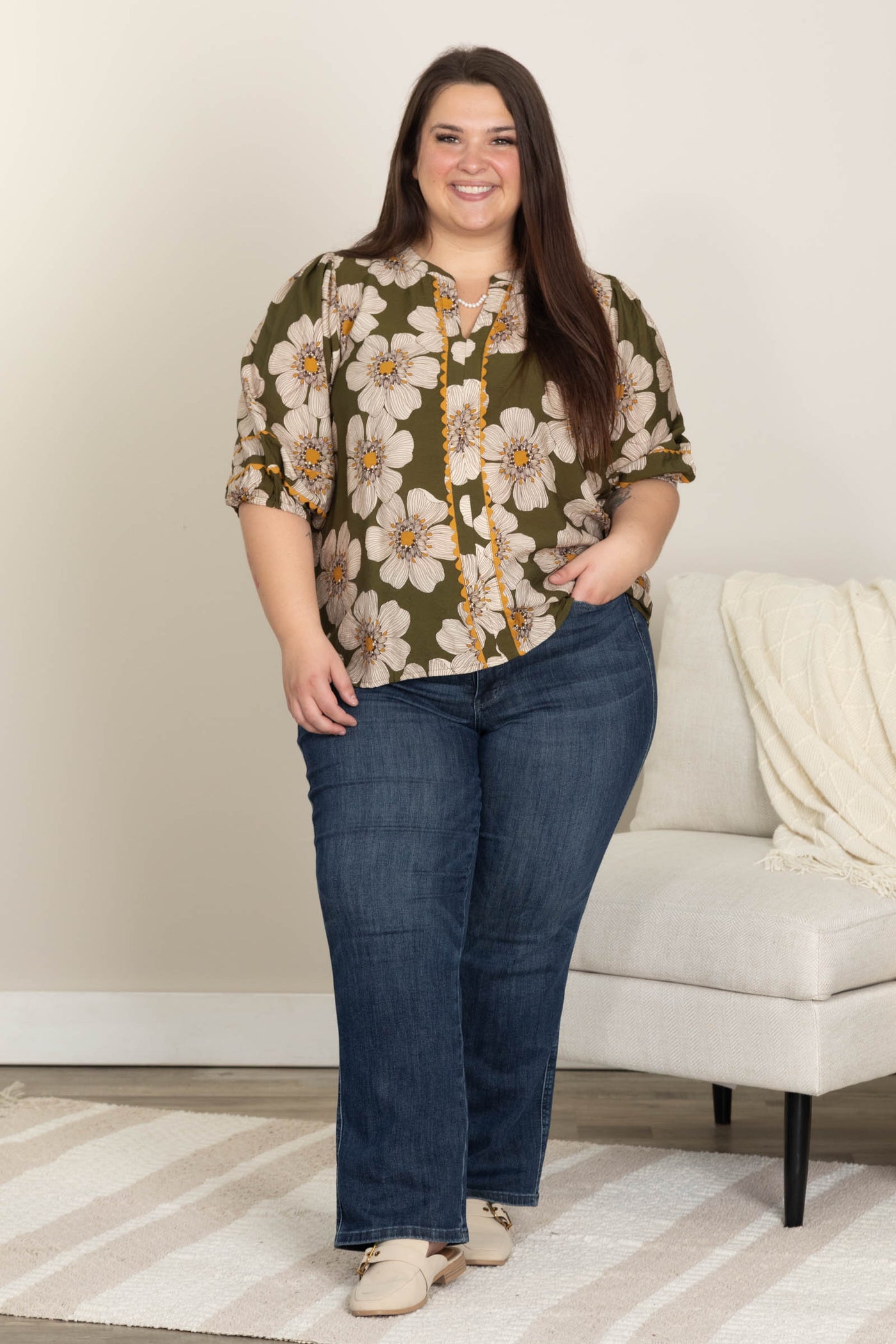 Olive V-Neck Floral Printed 3/4 Sleeve Blouse