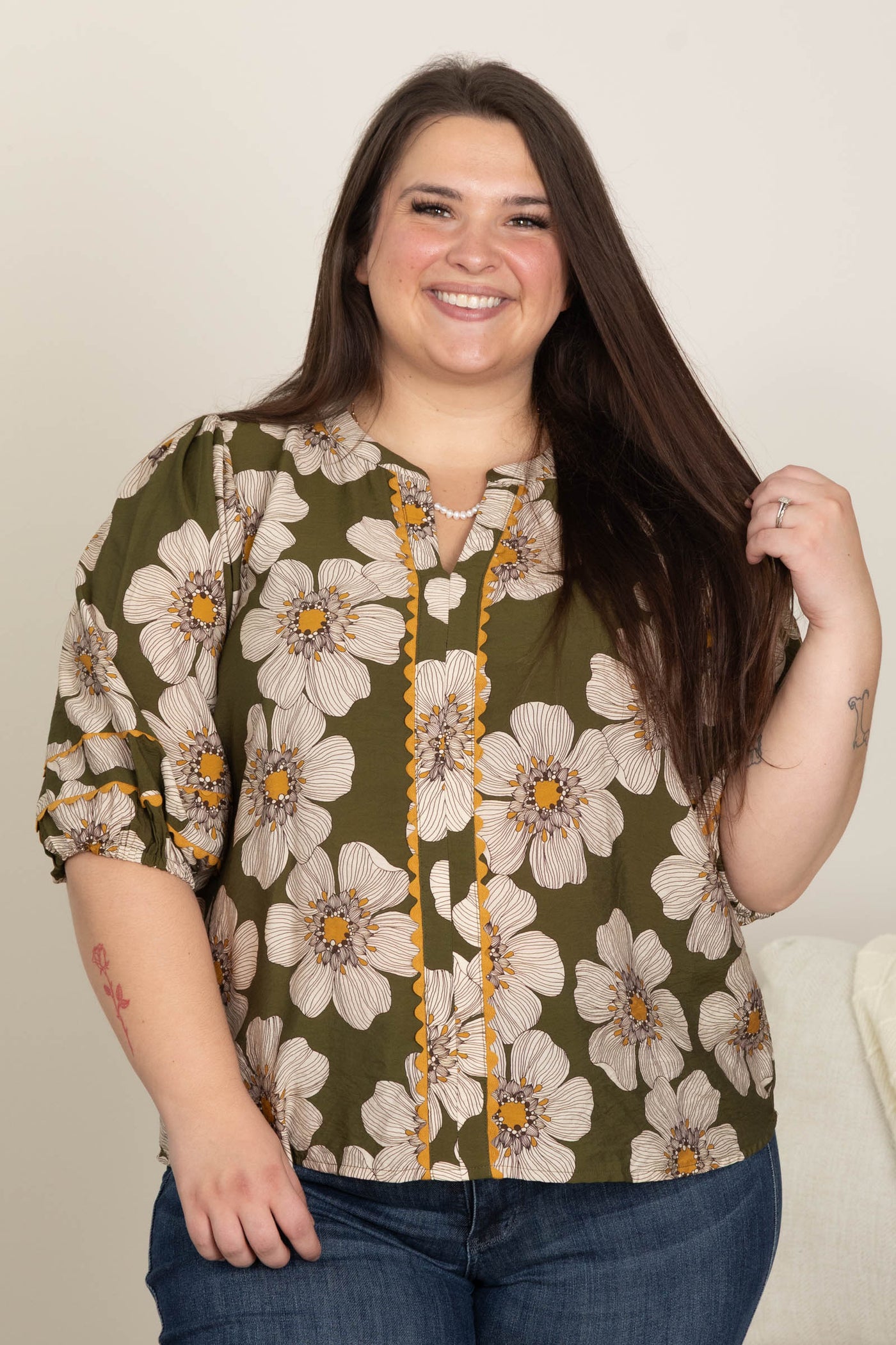 Olive V-Neck Floral Printed 3/4 Sleeve Blouse