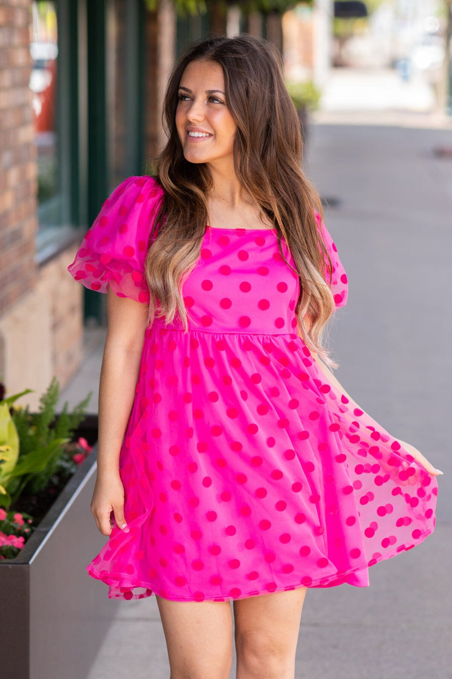 Fuchsia Tonal Dot Print Babydoll Dress - Filly Flair