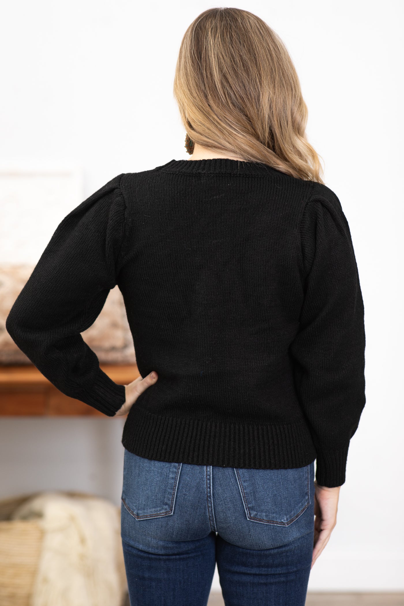 Black Melange Puff Sleeve Sweater