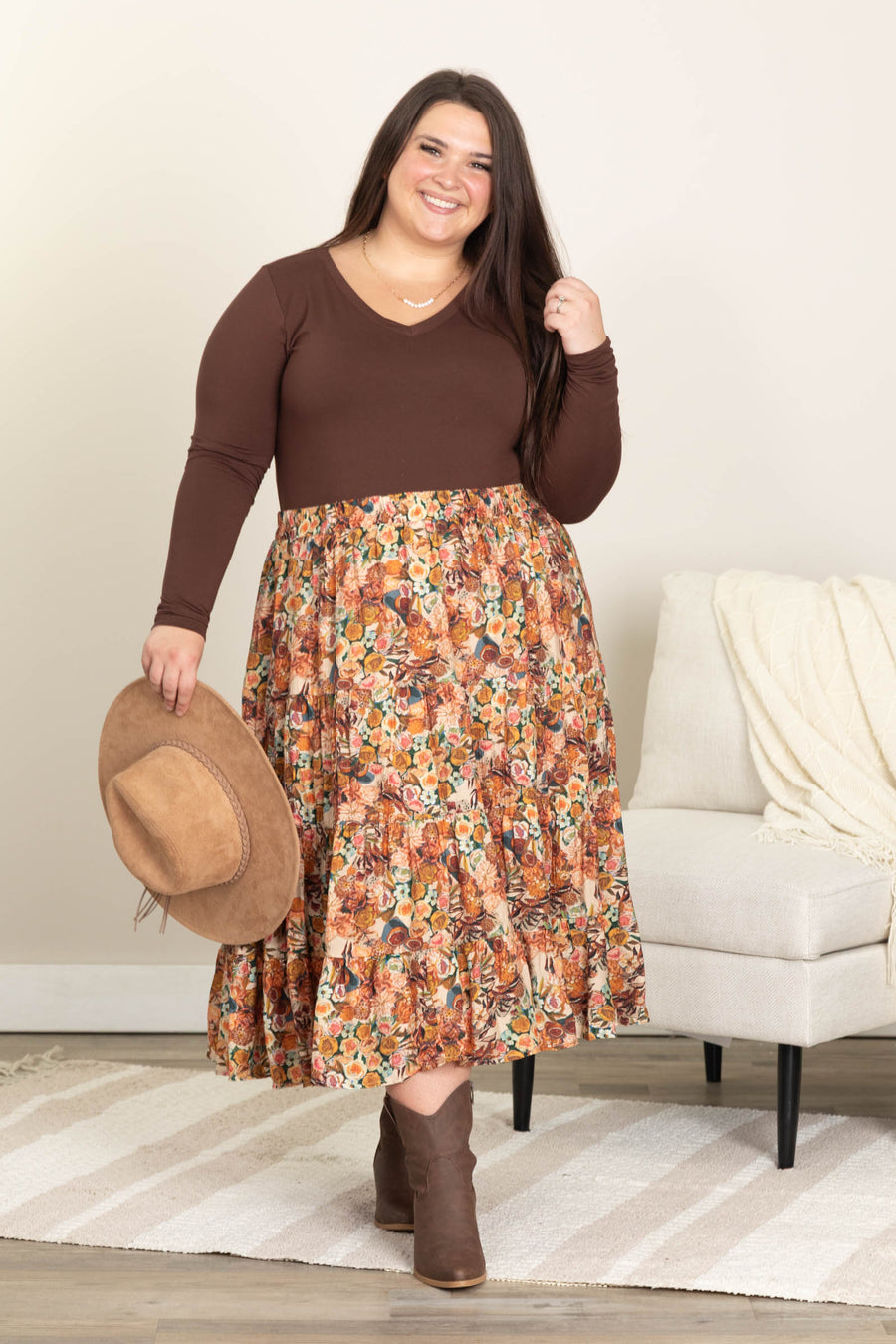 Taupe Bohemian Floral Elastic Tiered Skirt