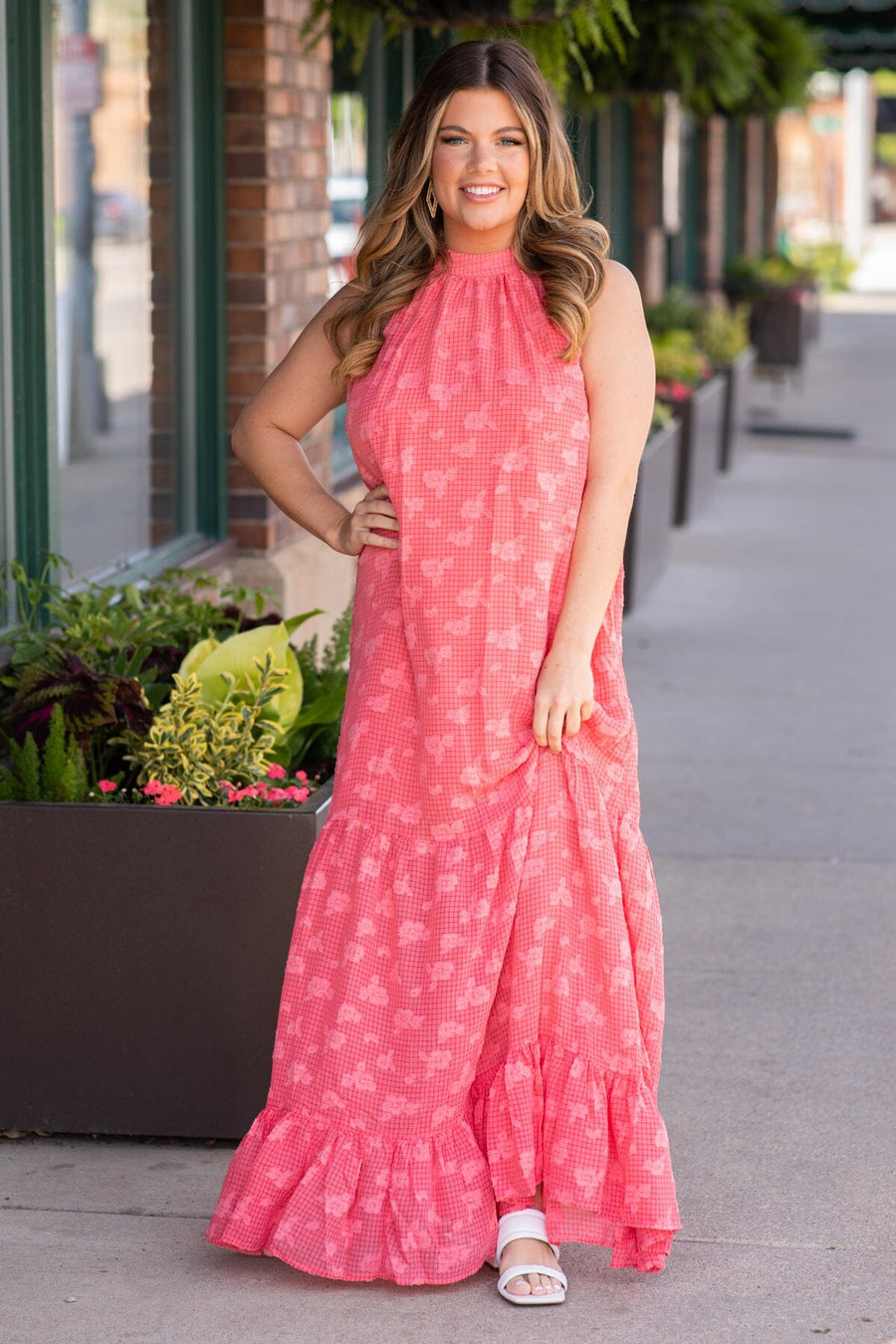 Coral Textured Halter Neck Maxi Dress - Filly Flair