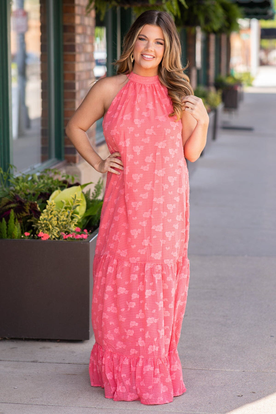 Coral Textured Halter Neck Maxi Dress - Filly Flair