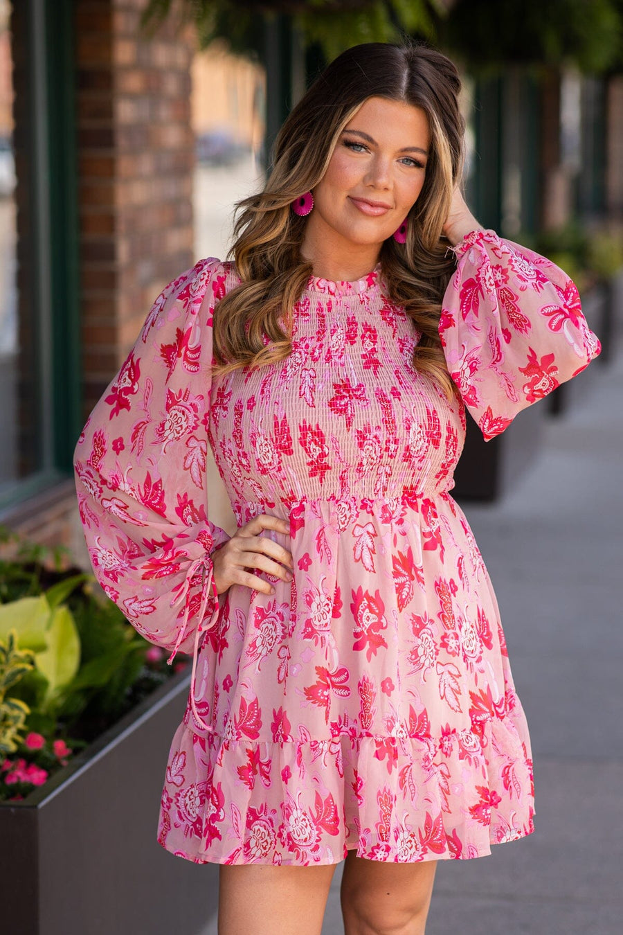 Hot Pink and Blush Floral Long Sleeve Dress - Filly Flair