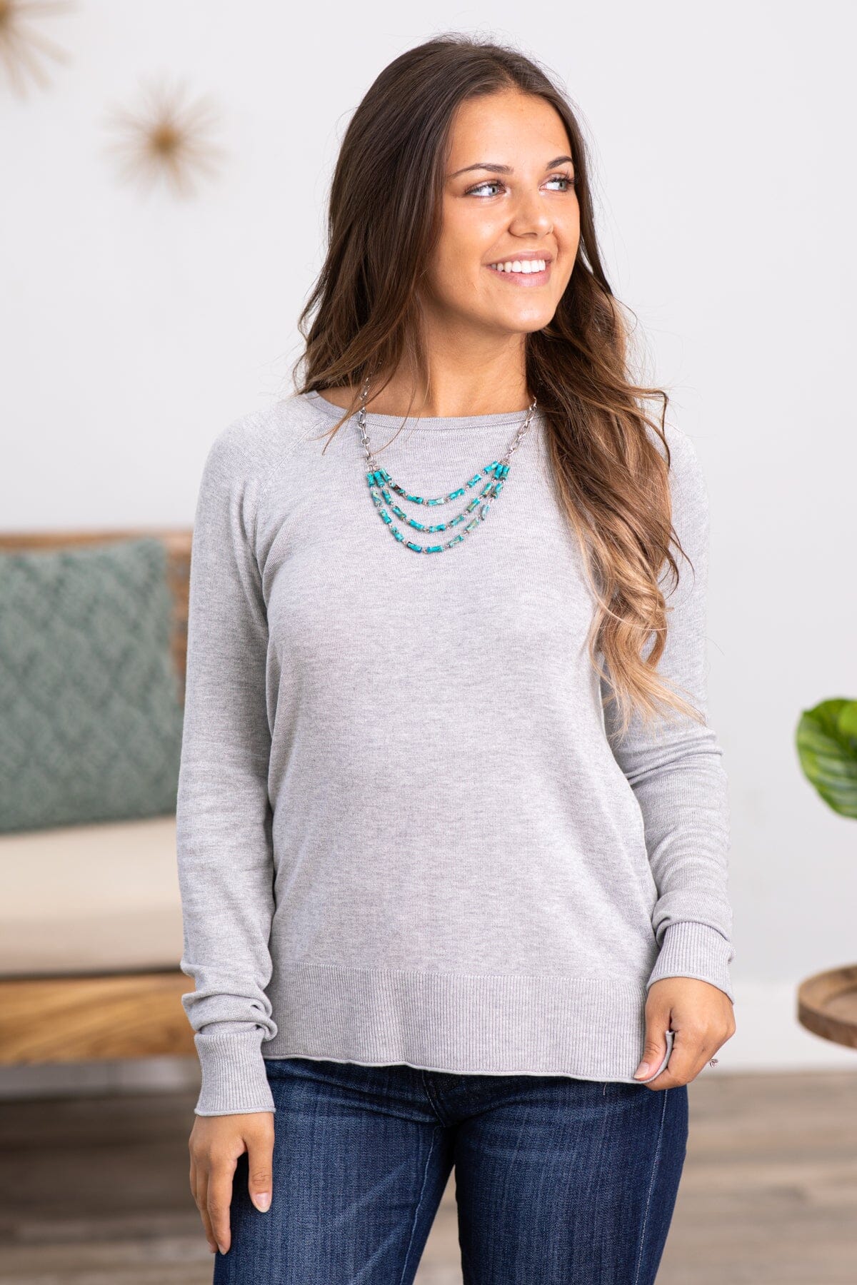 Grey Lightweight Sweater With Side Slit - Filly Flair