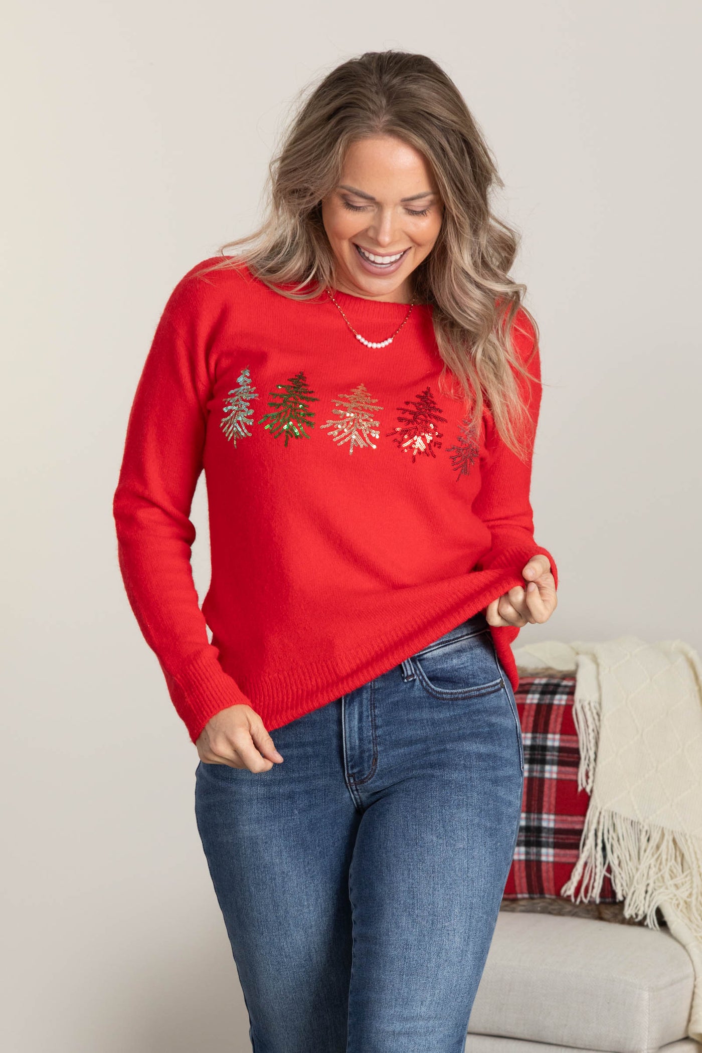 Red With Sequin Pine Trees Sweater