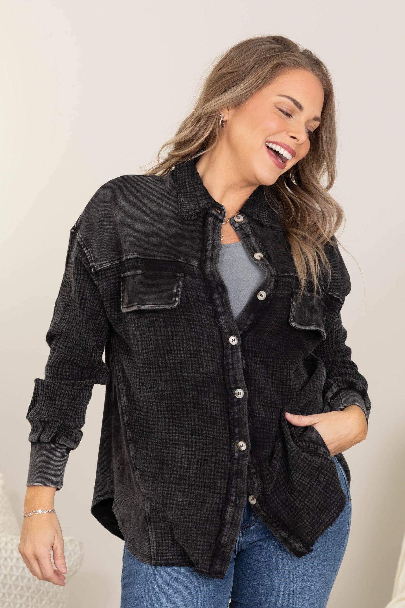 Garment Dyed Boyfriend Fit Button Up Top