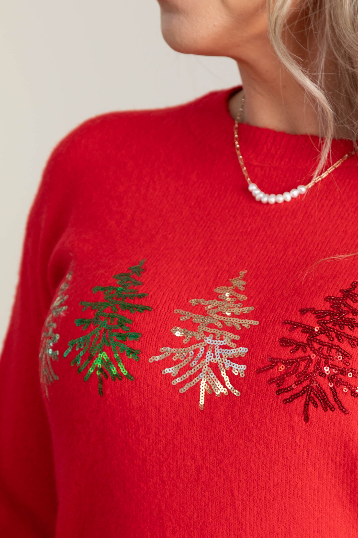 Red With Sequin Pine Trees Sweater