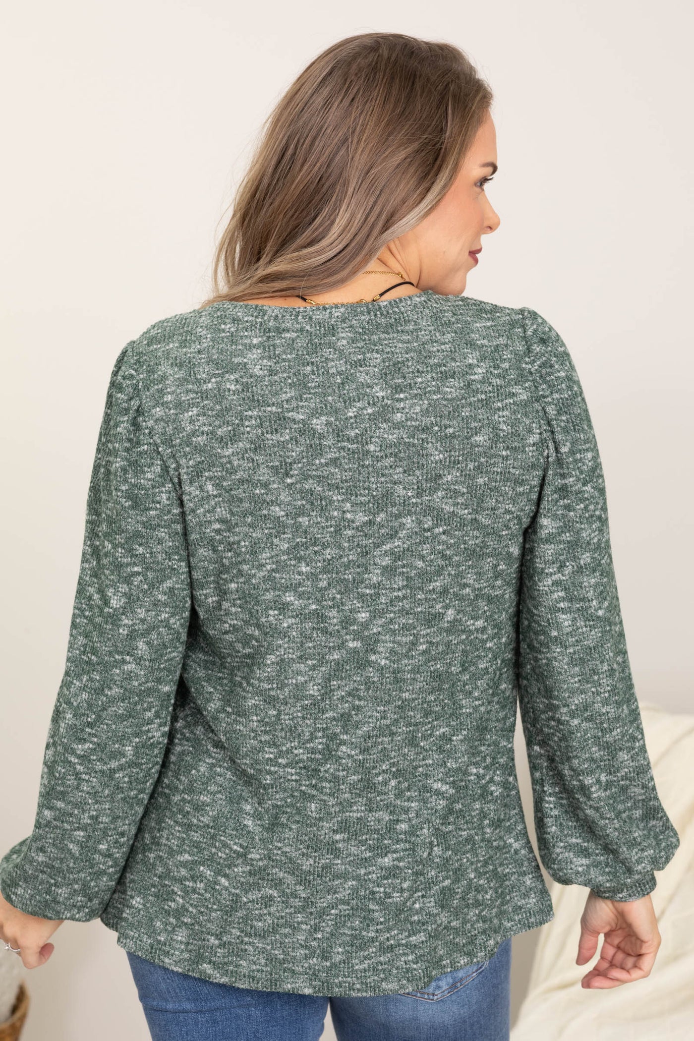 Hunter Green Hacci Balloon Sleeve Top