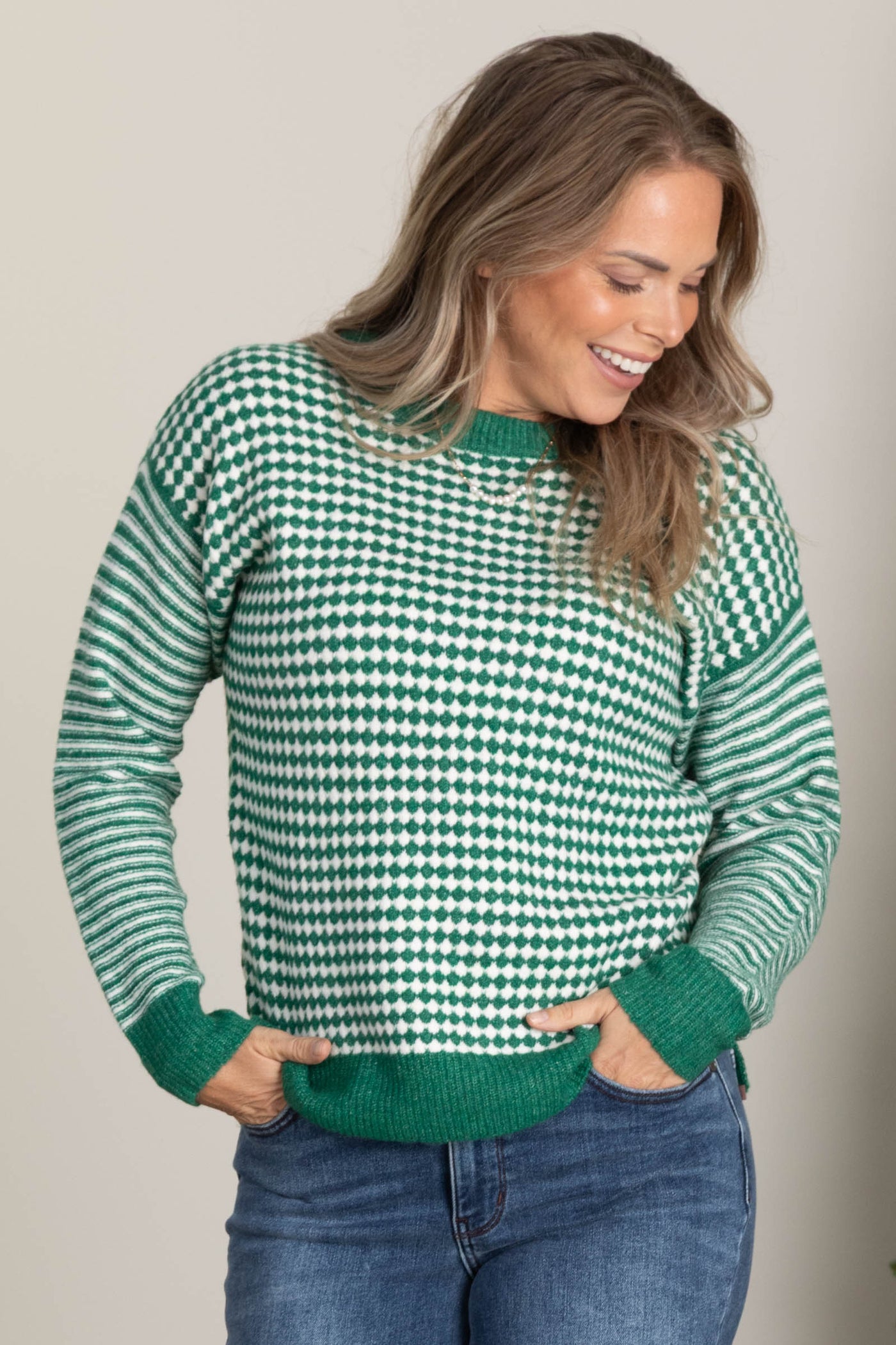 Green Checker Long Striped Sleeve Sweater