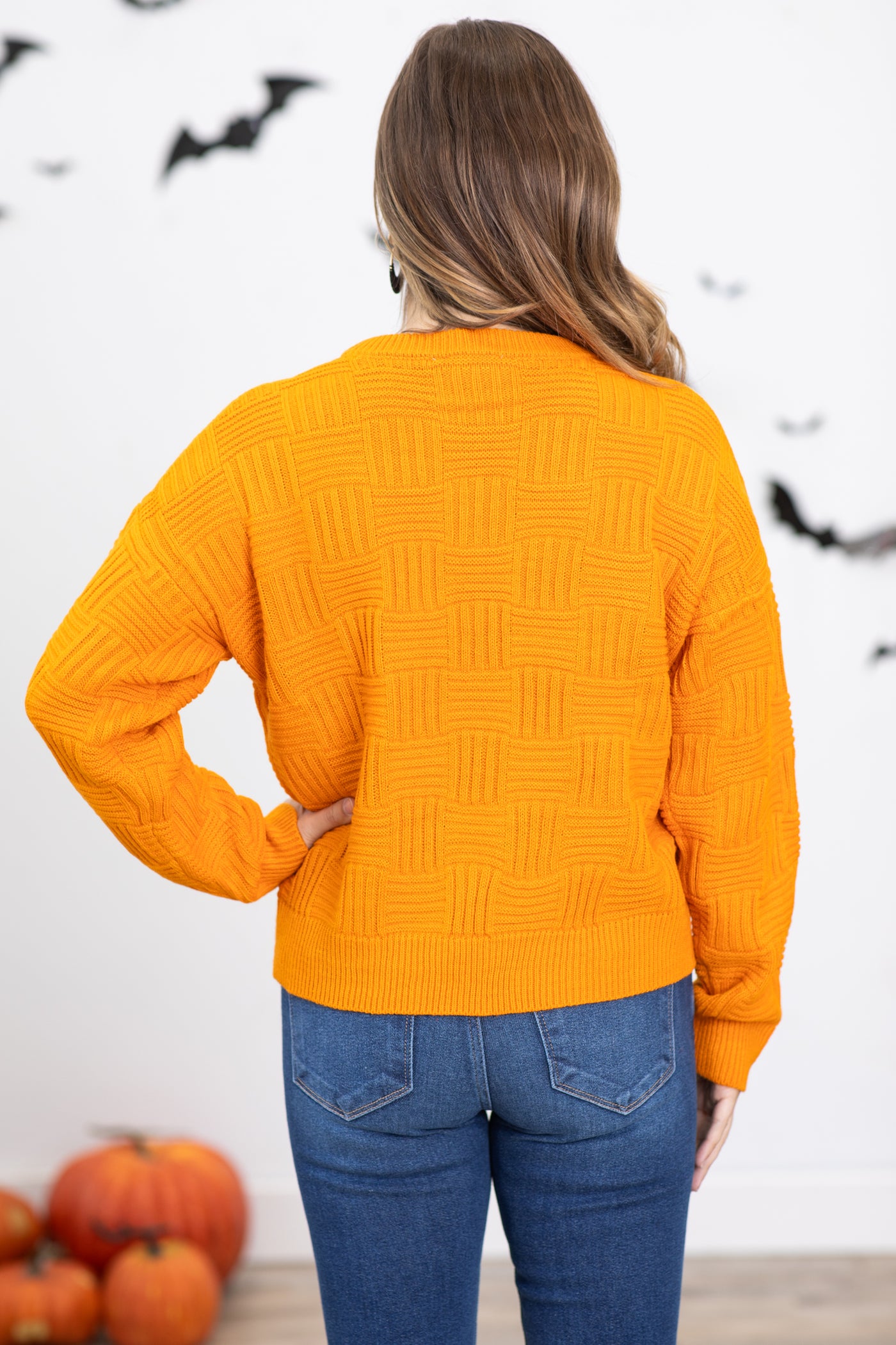 Orange Checkerboard Textured Sweater