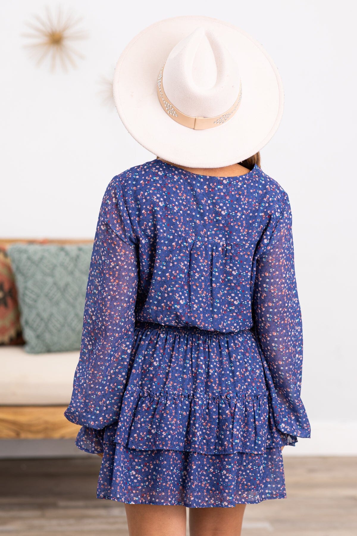 Light Navy Ditsy Floral Smocked Waist Dress - Filly Flair