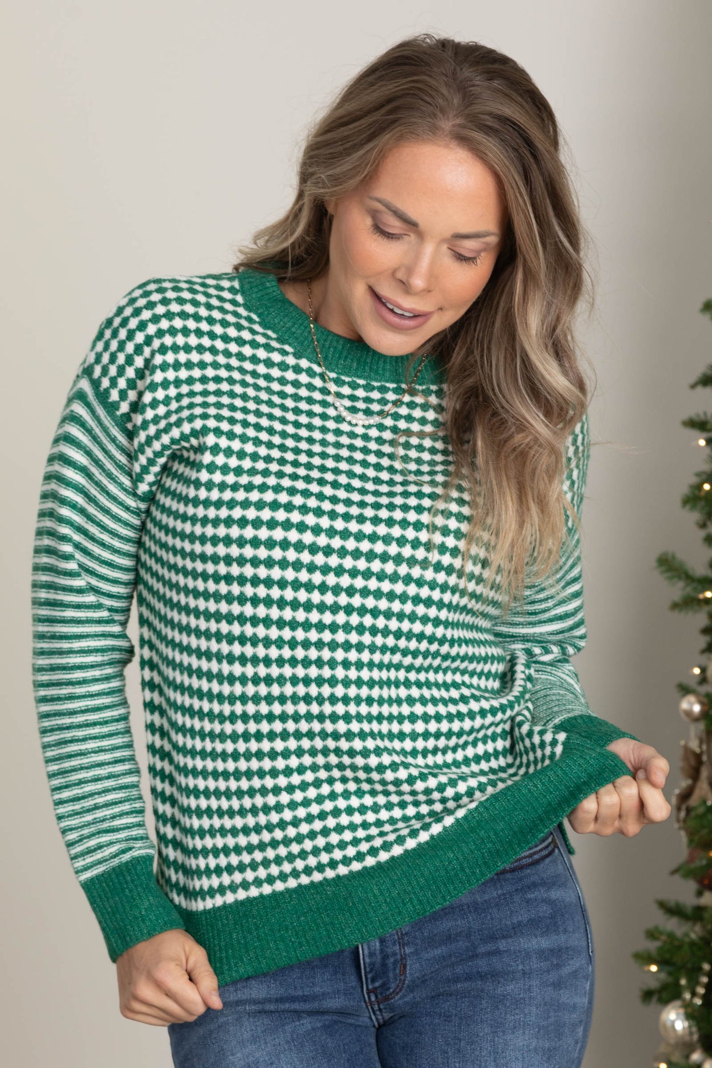 Green Checker Long Striped Sleeve Sweater