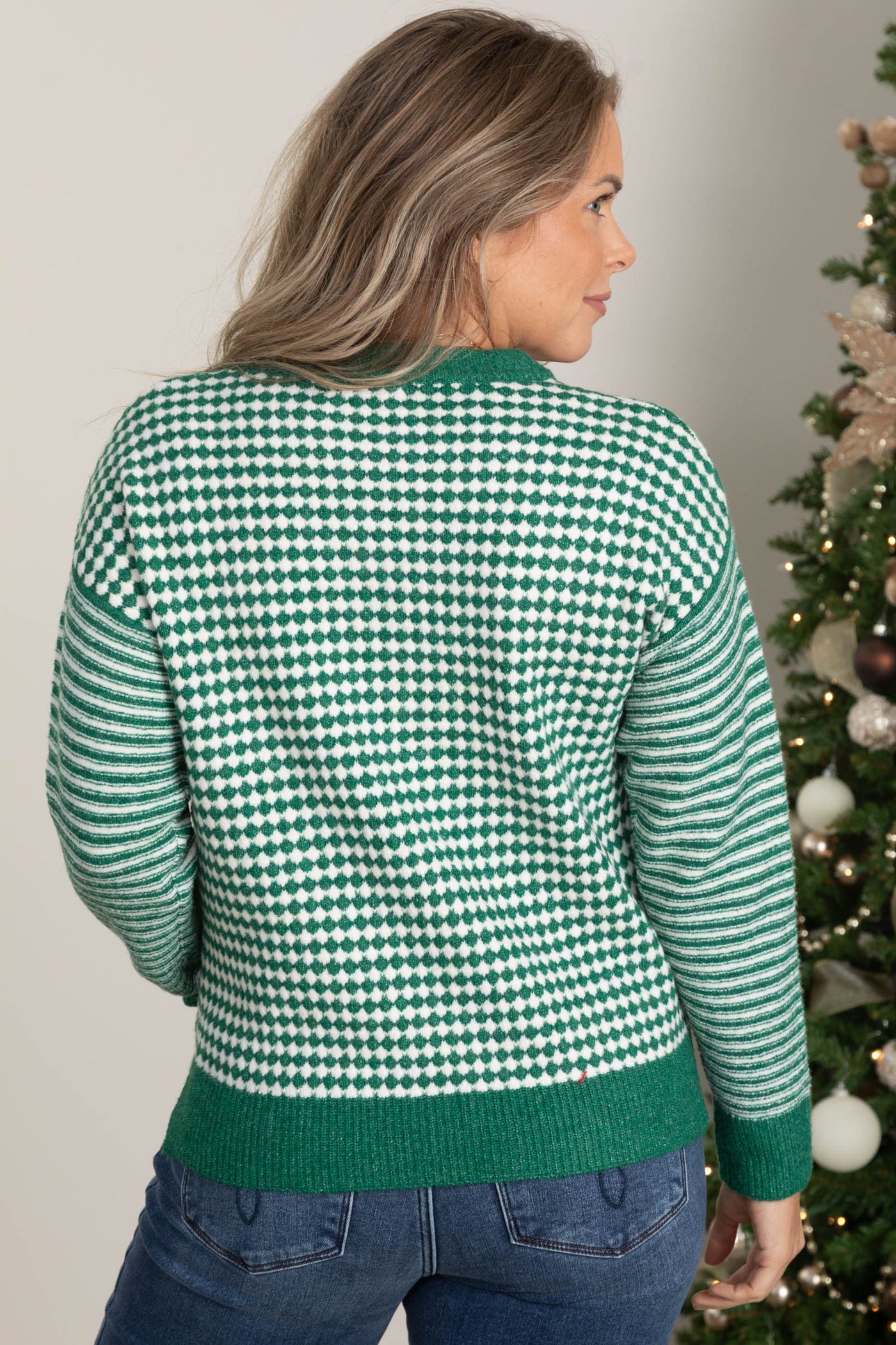 Green Checker Long Striped Sleeve Sweater