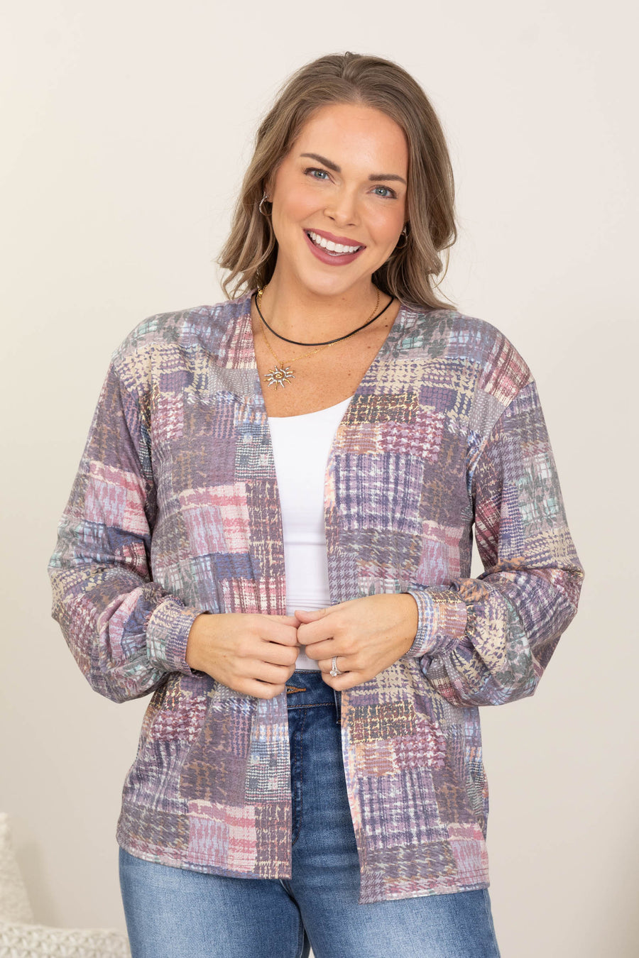 Multicolor Patchwork Plaid Knit Cardigan