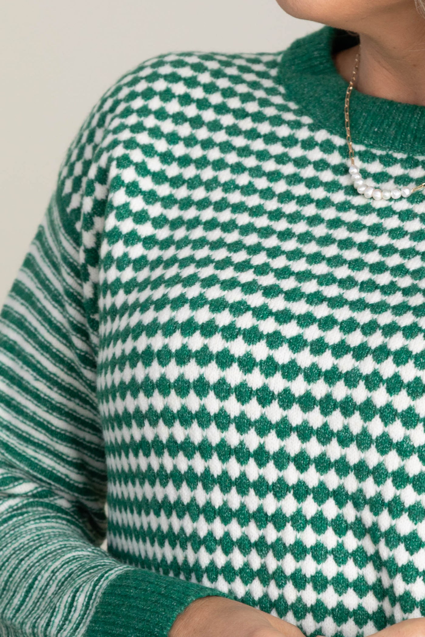 Green Checker Long Striped Sleeve Sweater